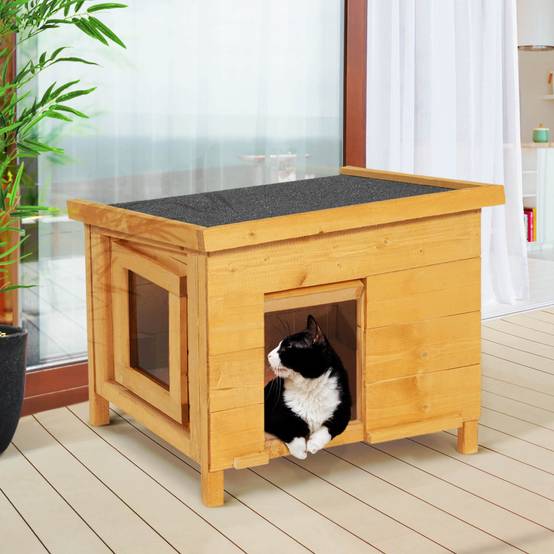 Maison pour chat niche en bois avec porte basculante à lamelles - Image 1