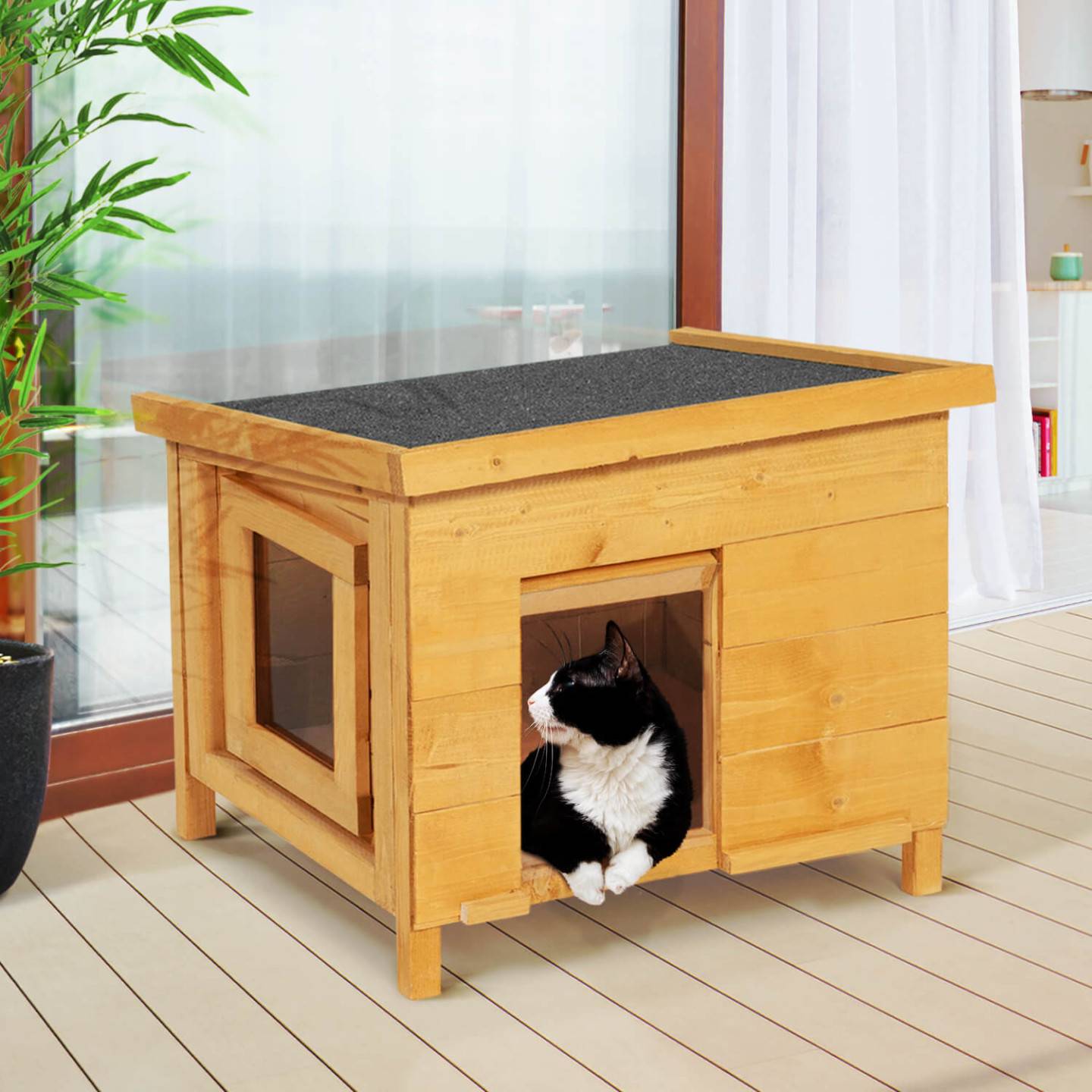Maison pour chat niche en bois avec porte basculante à lamelles - Image 1