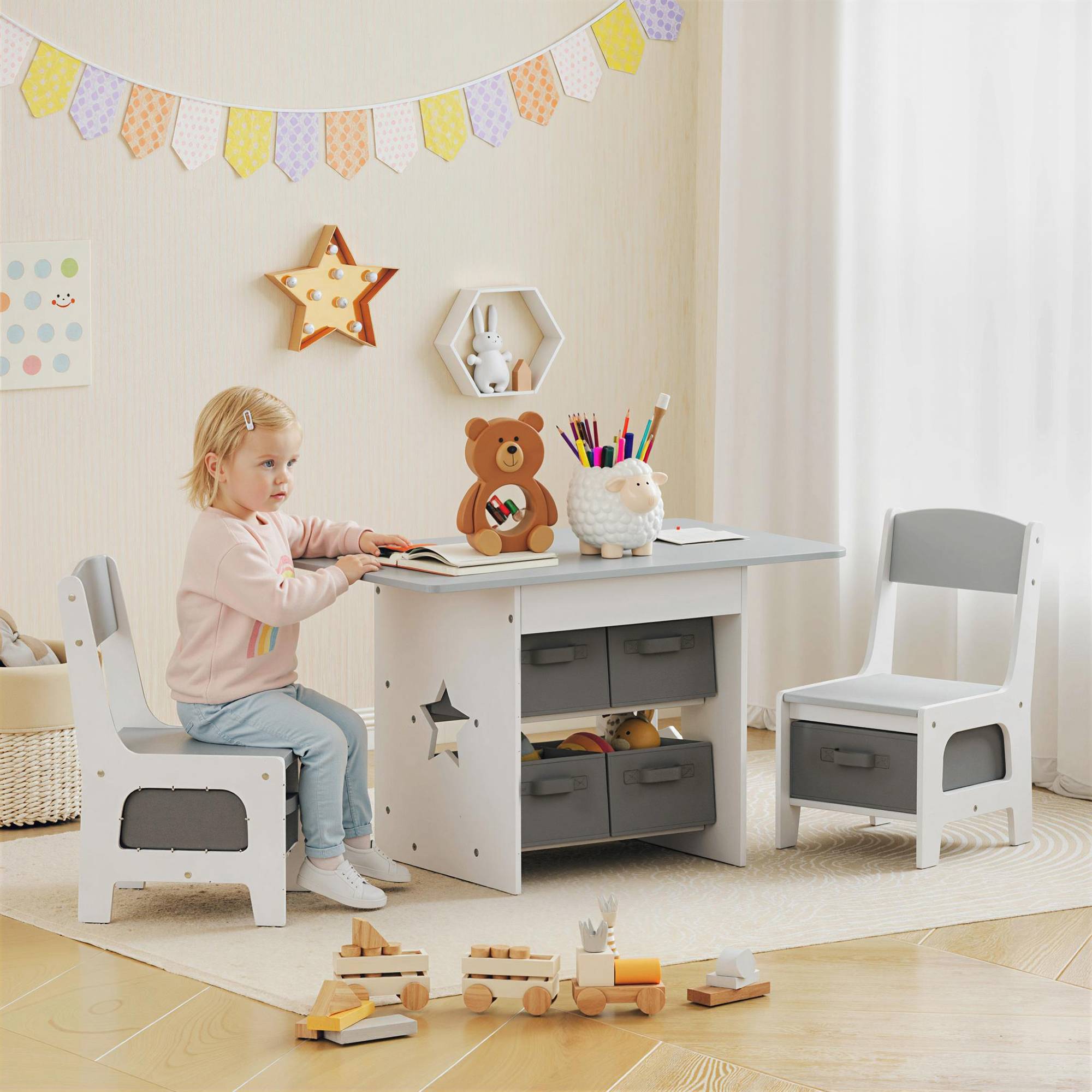 Table enfant avec 2 chaises et 6 tiroirs en tissu, motif étoiles, pour garçons et filles de 3 à 8 ans, gris clair - Image 3