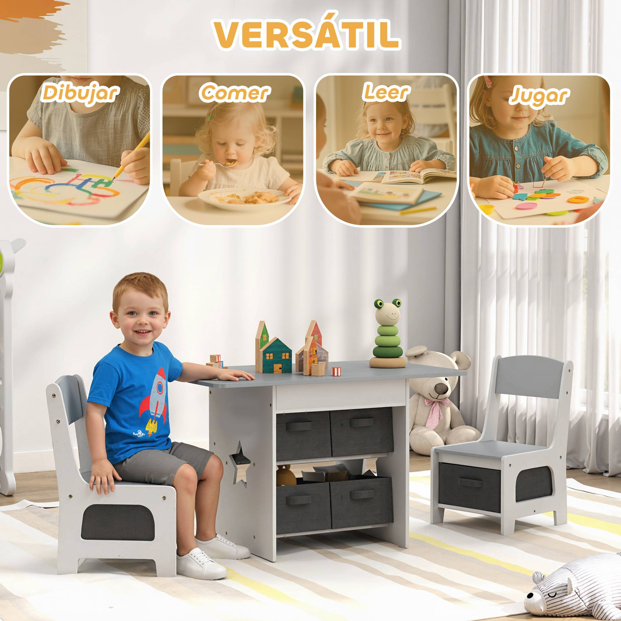 Table enfant avec 2 chaises et 6 tiroirs en tissu, motif étoiles, pour garçons et filles de 3 à 8 ans, gris clair - Image 6
