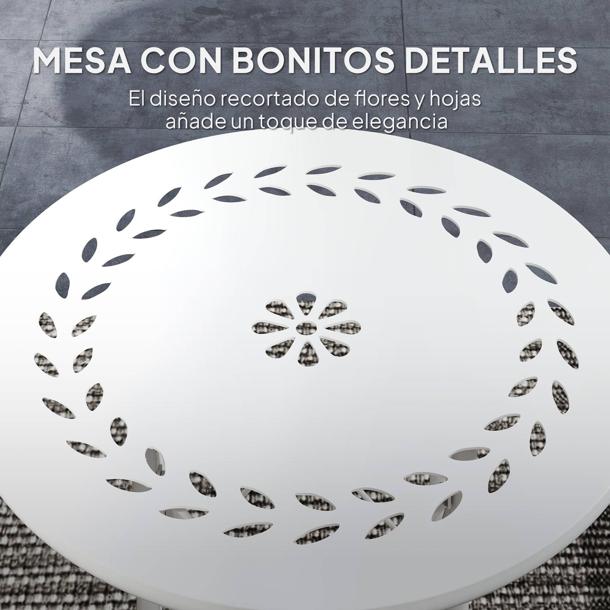 Table de jardin ronde en acier, design fleurs et feuilles, pieds réglables, structure en X, Ø40x50 cm blanc - Image 6