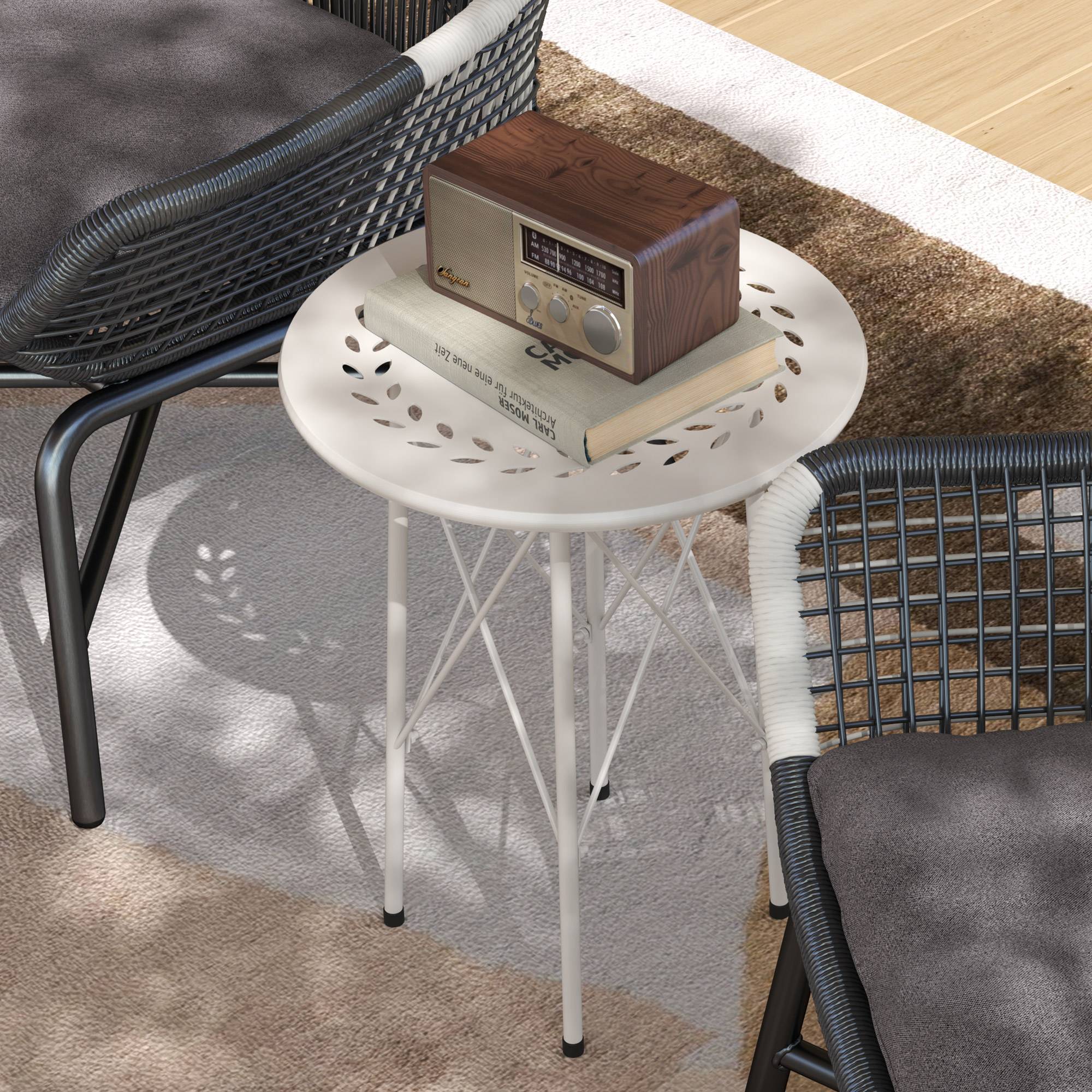 Table de jardin ronde en acier, design fleurs et feuilles, pieds réglables, structure en X, Ø40x50 cm blanc - Image 10