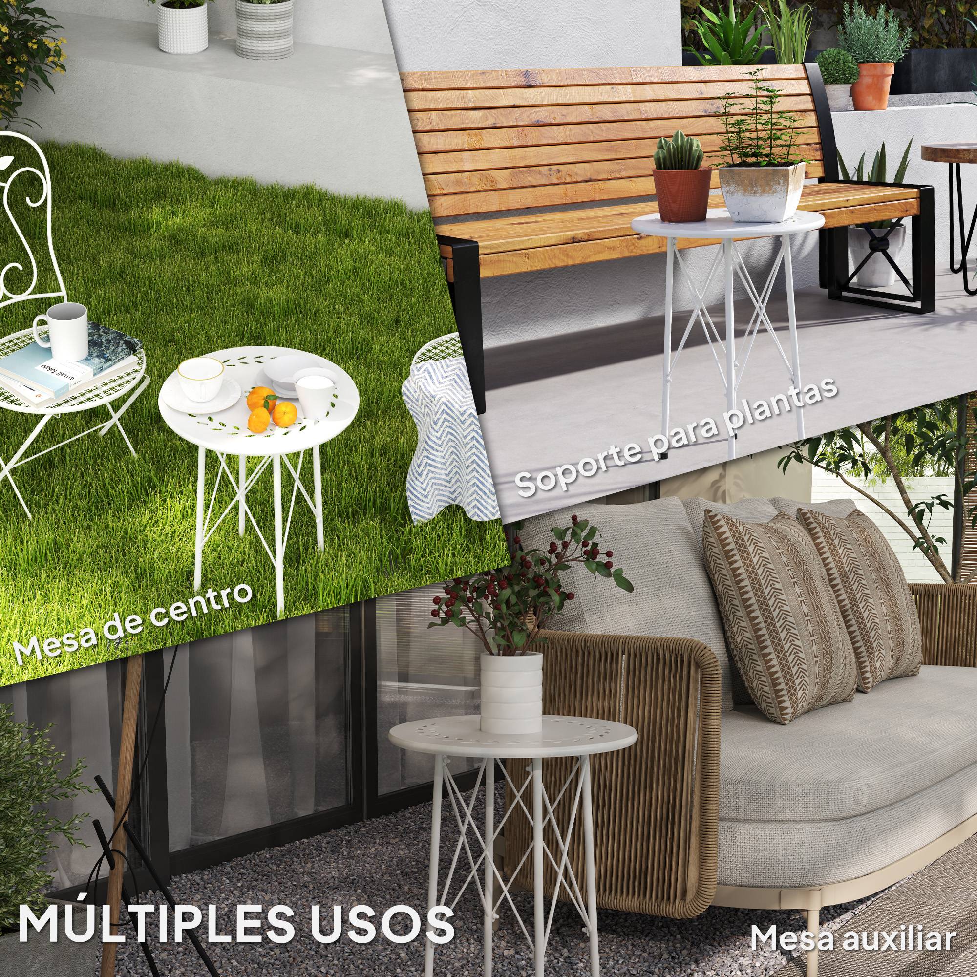 Table de jardin ronde en acier, design fleurs et feuilles, pieds réglables, structure en X, Ø40x50 cm blanc - Image 9