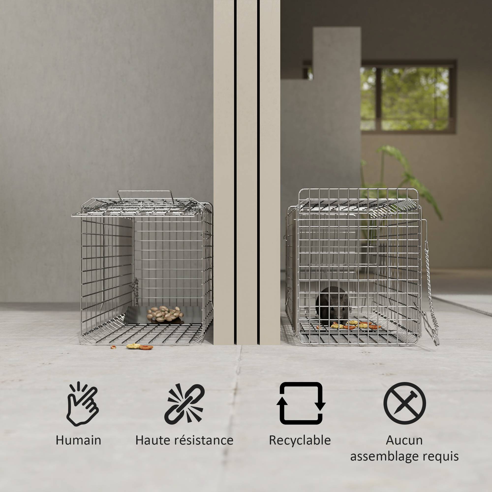 Piège cage de capture pliante pour petits animaux type rat et souris - 2 portes poignée 66 x 24 x 30,5 cm acier gris - Image 6