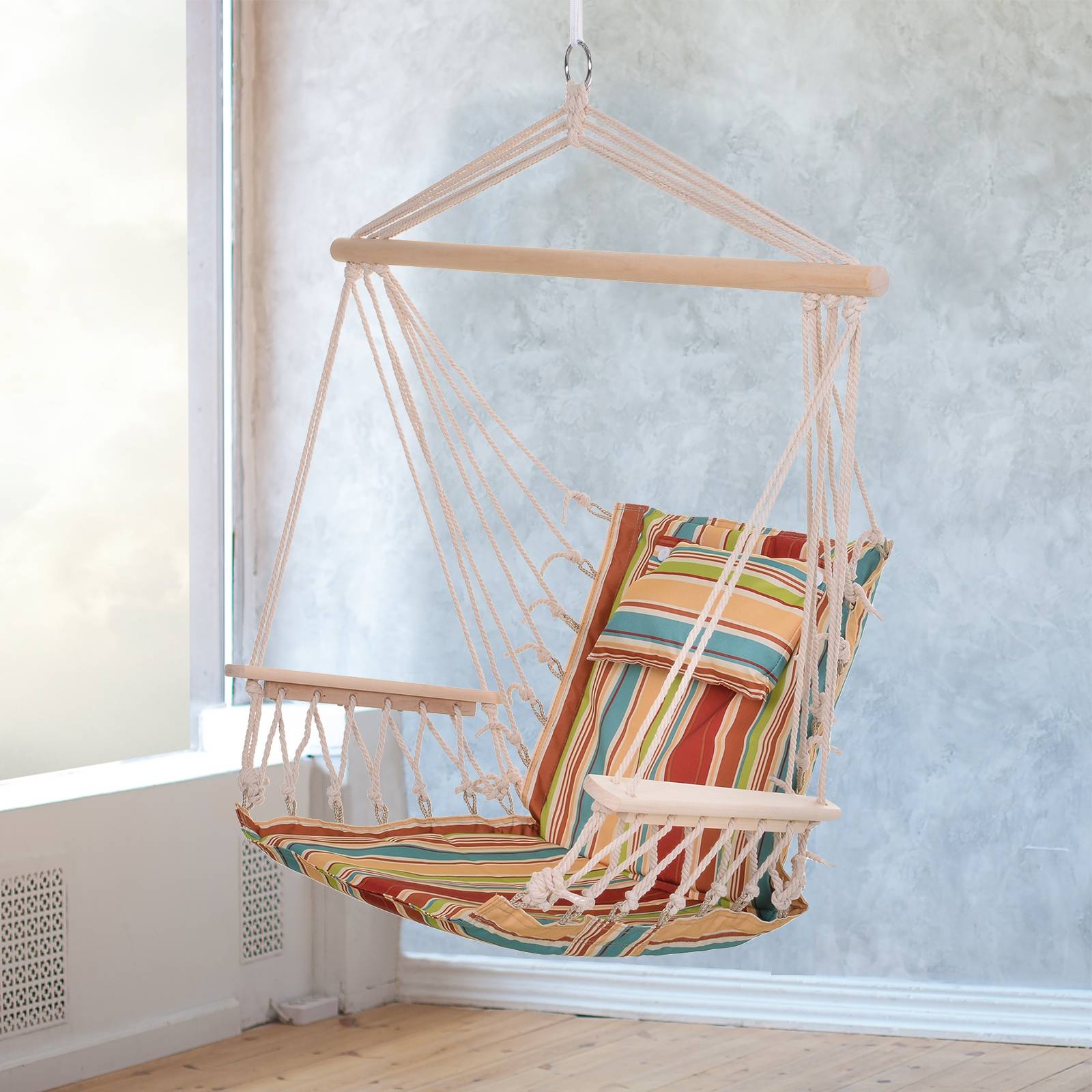 Chaise hamac suspendue tissu macramé jardin voyage portable respirant multicolore rayé - ComfortXL Outdoor Living - Image 4
