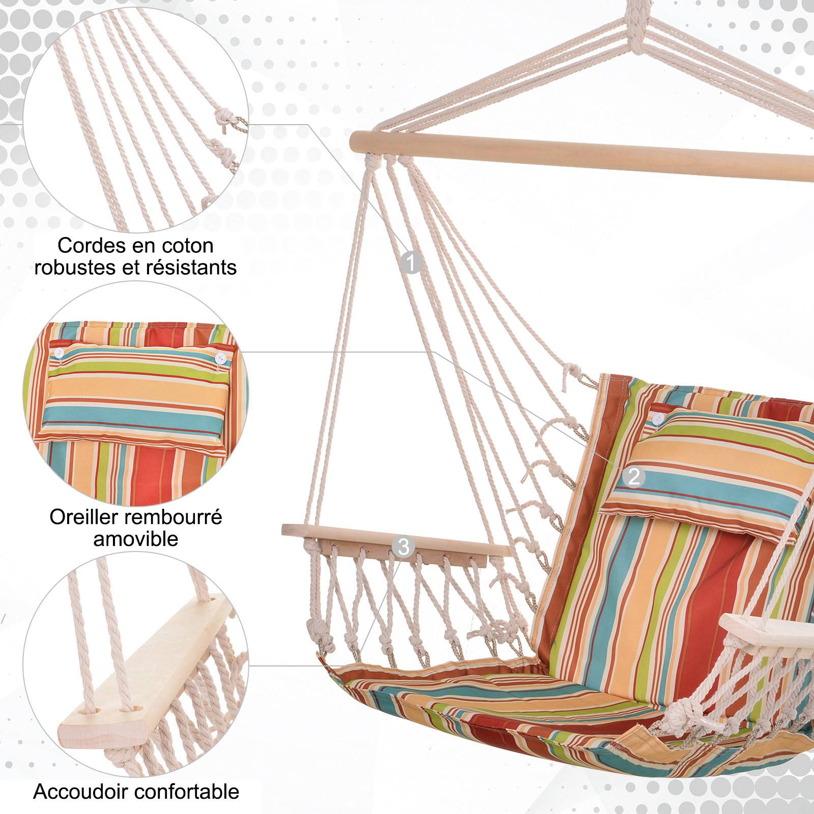 Chaise hamac suspendue tissu macramé jardin voyage portable respirant multicolore rayé - ComfortXL Outdoor Living - Image 9