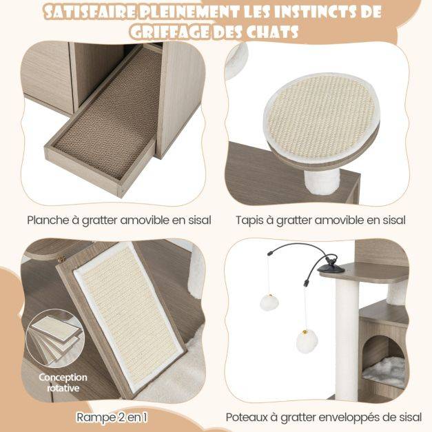 Helloshop26 - Arbre à chat 173 cm maison de toilette pour chat à 2 porte coussin amovible griffoir rampe condo perchoir supérieur gris - Imagen 2