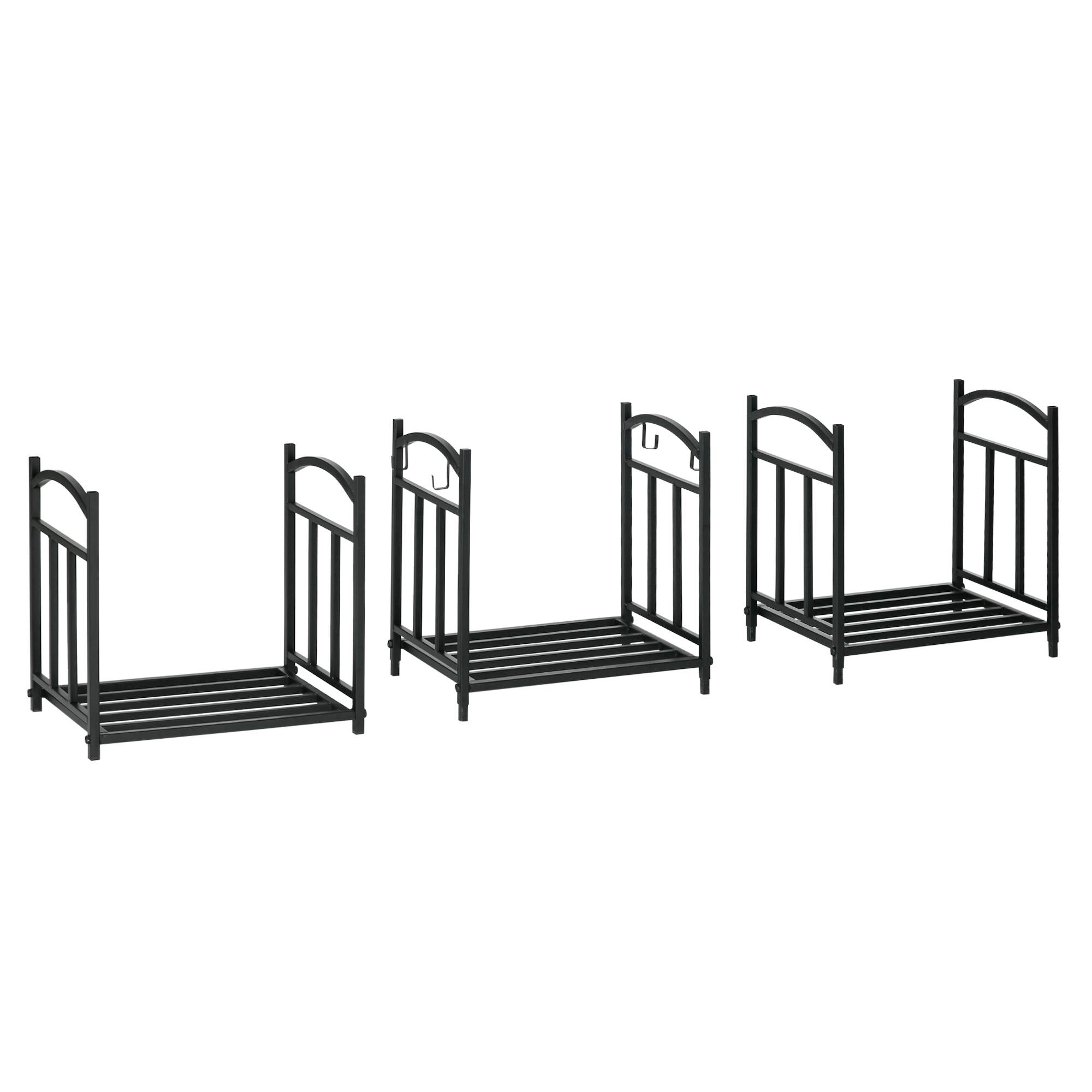ComfortXL - Porte-bûches métal noir 46 x 32 x 126 cm intérieur extérieur 3 niveaux avec crochets pour accessoires - Image 2