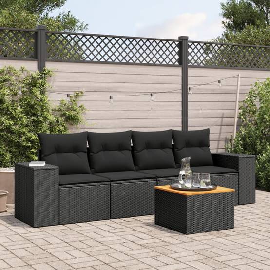 Salon de jardin 4 personnes résine tressée et bois d'acacia modulable pour terrasse Noir – ComfortXL Outdoor Living - Image 1