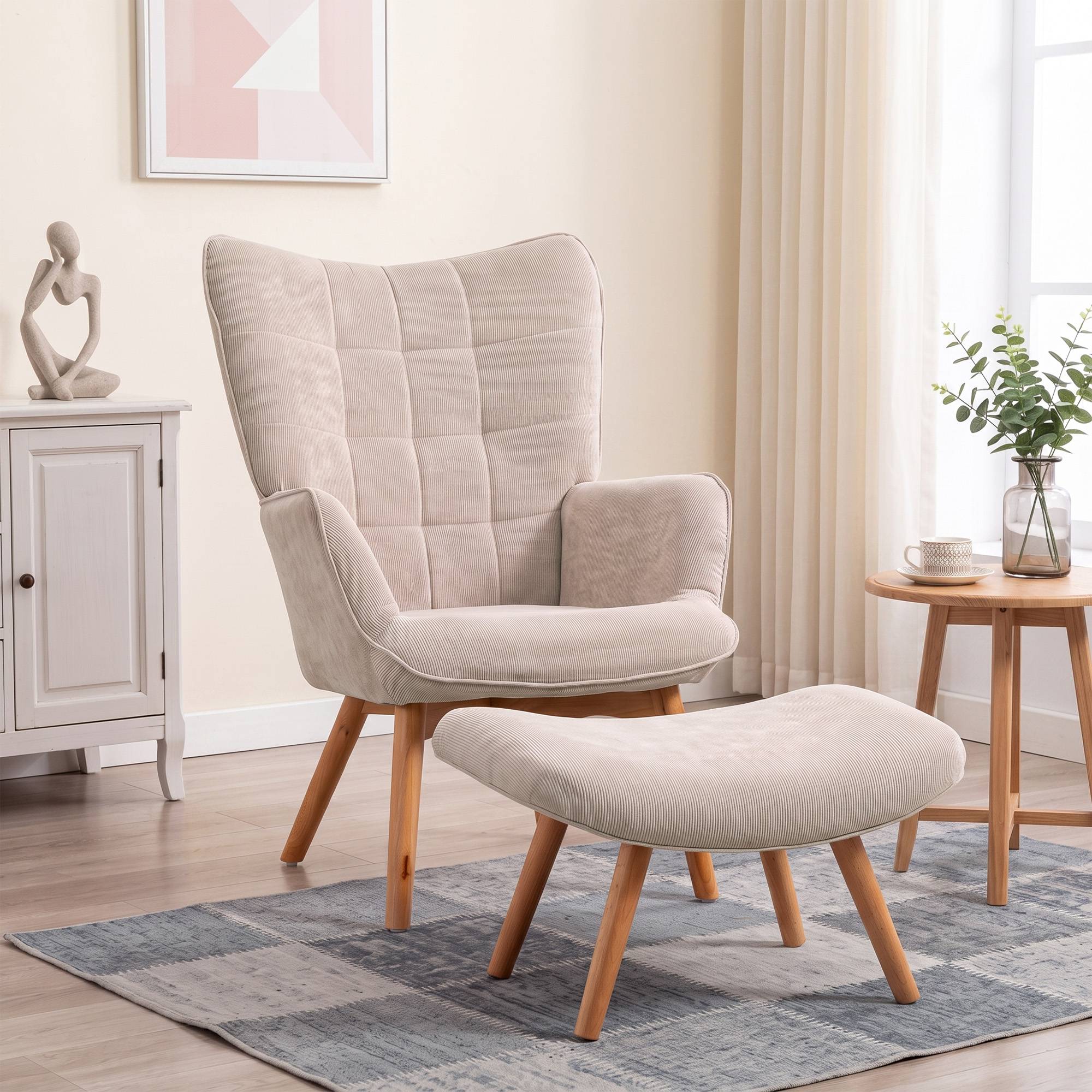 Fauteuil avec repose pied, dossier haut, pieds en bois et tissu aspect velours côtelé, pour salon chambre à coucher beige - Image 3