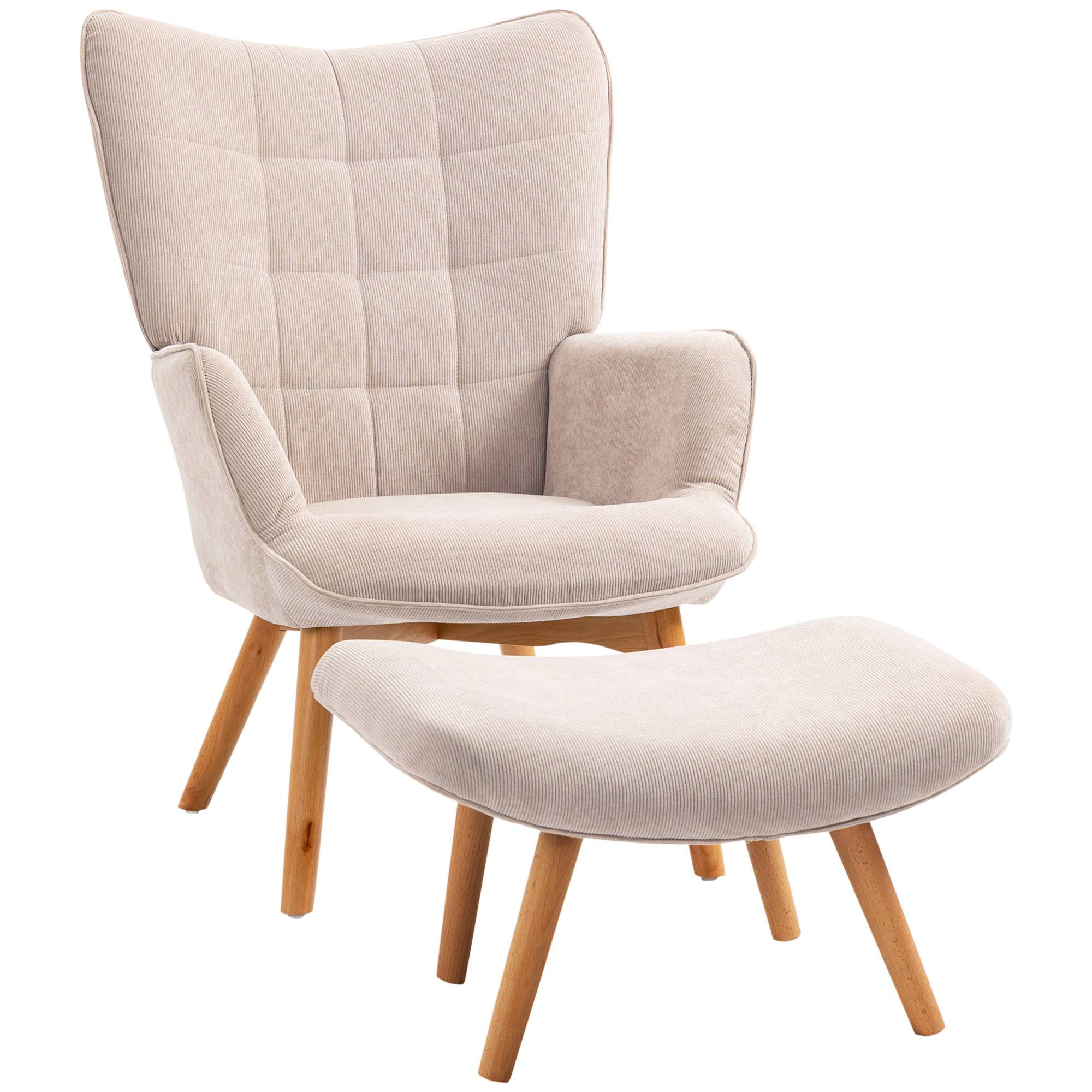 Fauteuil avec repose pied, dossier haut, pieds en bois et tissu aspect velours côtelé, pour salon chambre à coucher beige - Image 1