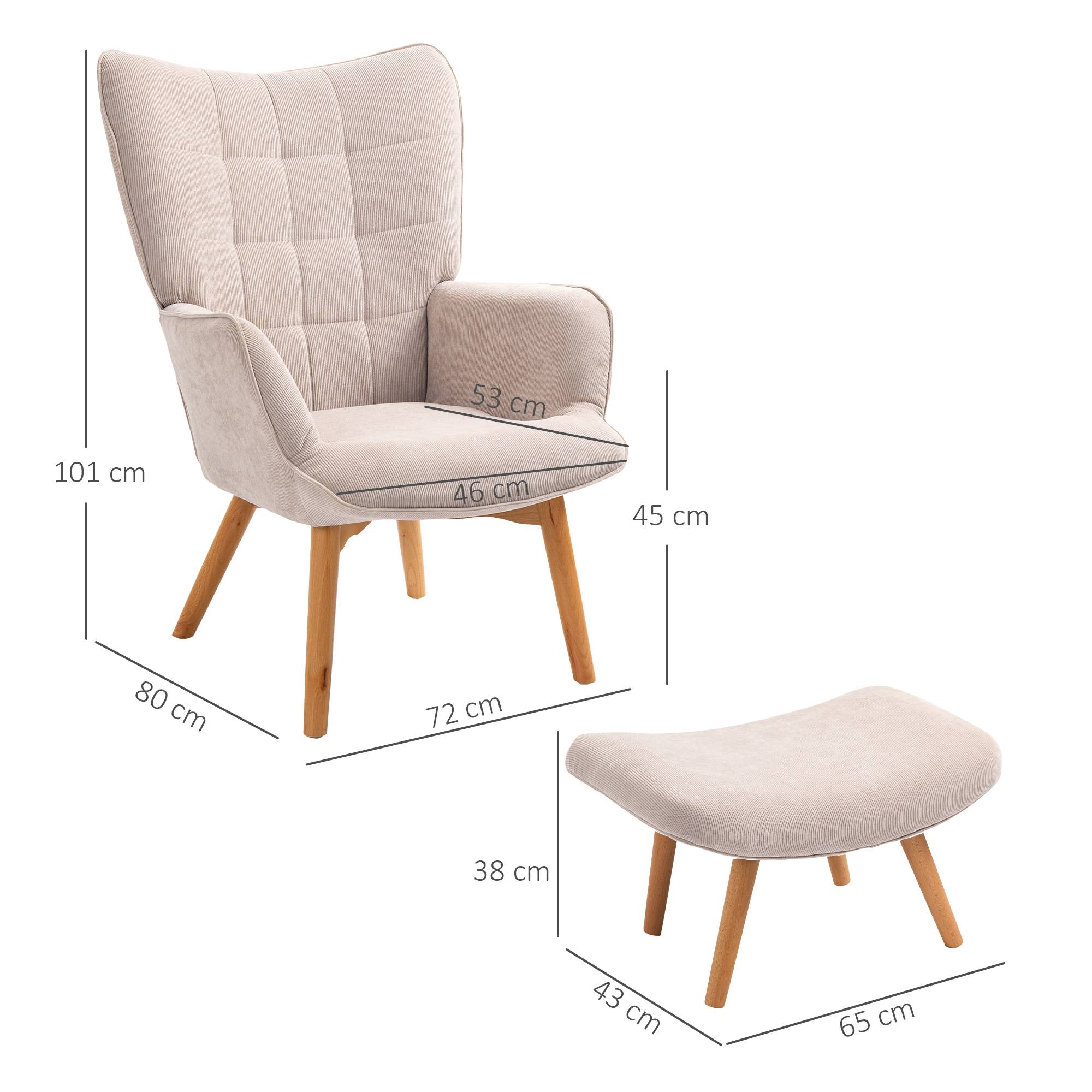 Fauteuil avec repose pied, dossier haut, pieds en bois et tissu aspect velours côtelé, pour salon chambre à coucher beige - Image 5