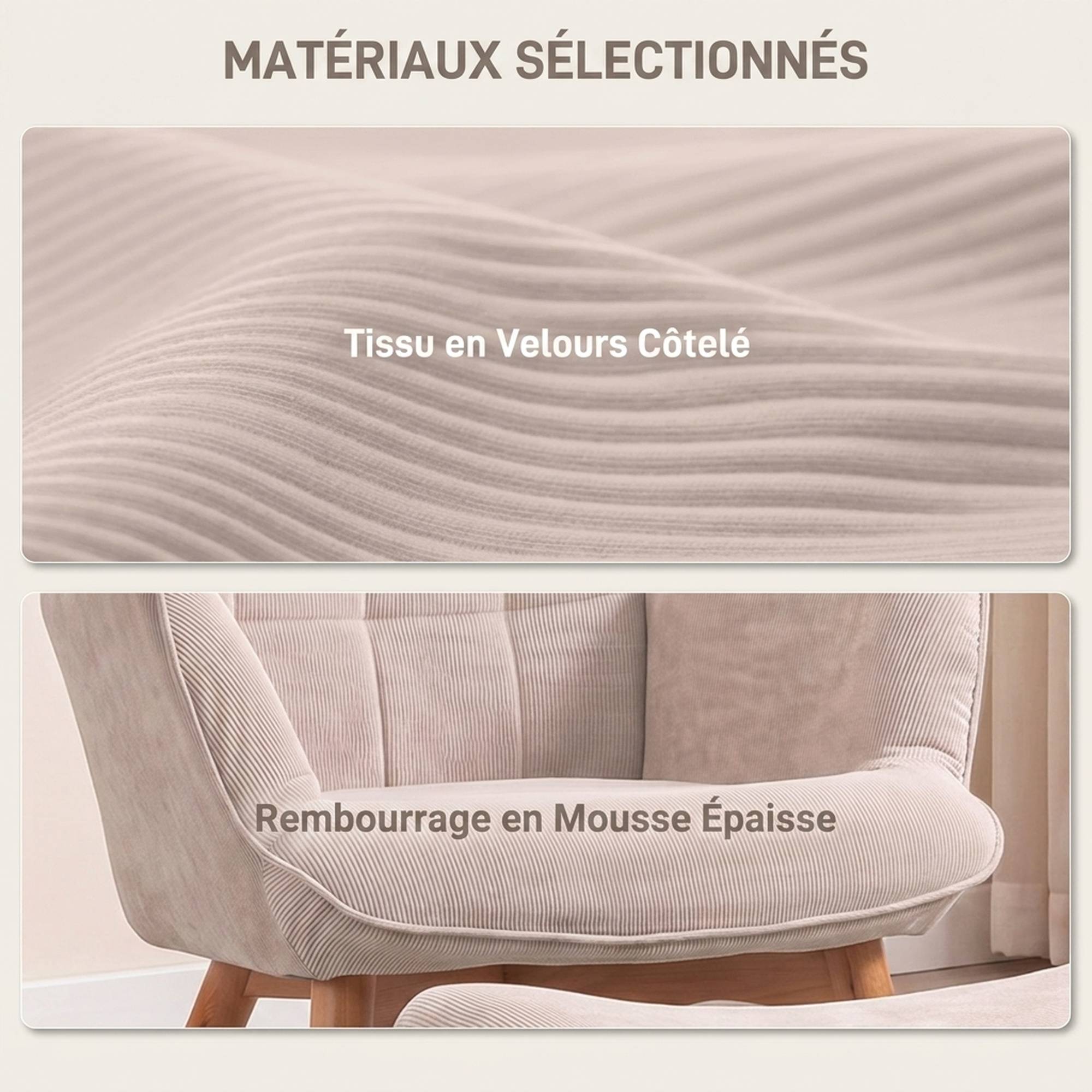 Fauteuil avec repose pied, dossier haut, pieds en bois et tissu aspect velours côtelé, pour salon chambre à coucher beige - Image 6