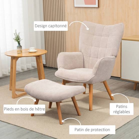 Fauteuil avec repose pied, dossier haut, pieds en bois et tissu aspect velours côtelé, pour salon chambre à coucher beige - Image 7