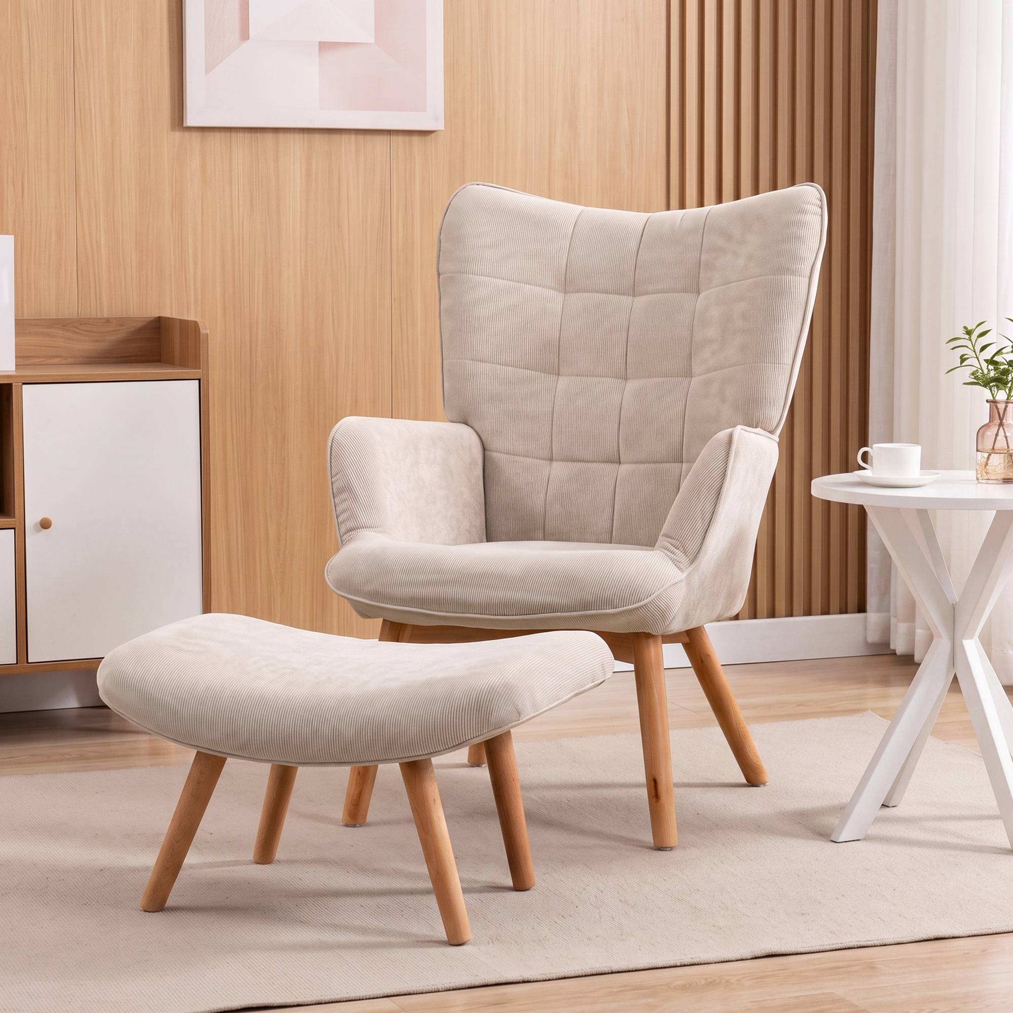 Fauteuil avec repose pied, dossier haut, pieds en bois et tissu aspect velours côtelé, pour salon chambre à coucher beige - Image 4