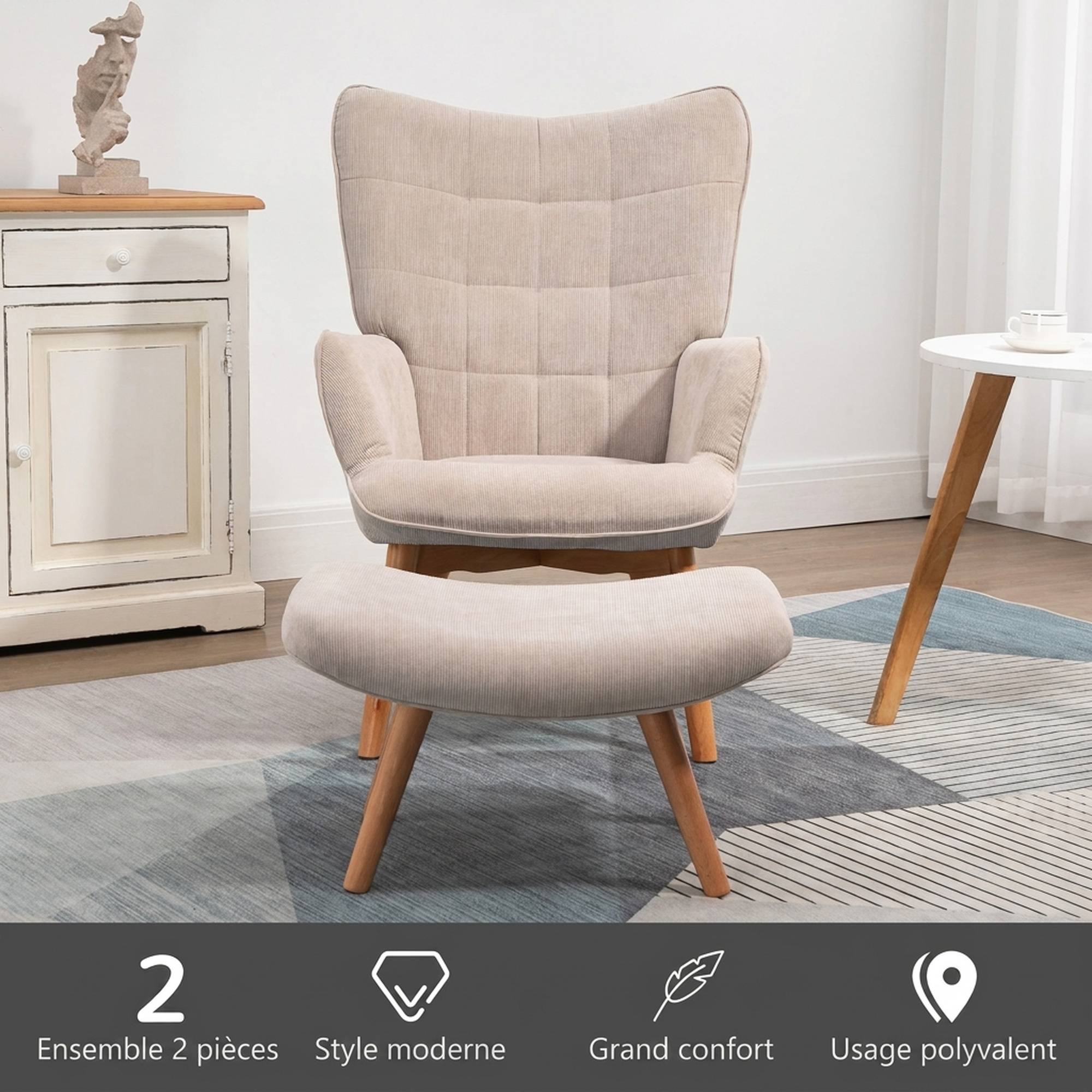 Fauteuil avec repose pied, dossier haut, pieds en bois et tissu aspect velours côtelé, pour salon chambre à coucher beige - Image 8