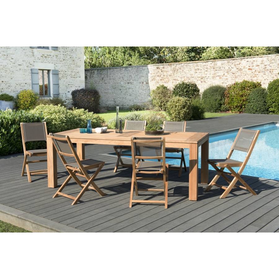 Macabane - HALICE - SALON DE JARDIN EN BOIS TECK 6/8 pers -1 Table rectangulaire 220*100 cm et 6 chaises textilène taupe - Imagen 2