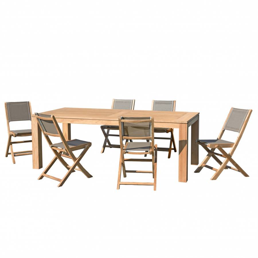 Macabane - HALICE - SALON DE JARDIN EN BOIS TECK 6/8 pers -1 Table rectangulaire 220*100 cm et 6 chaises textilène taupe - Imagen 1