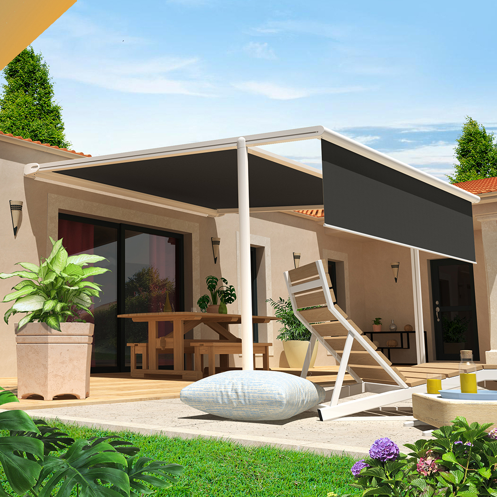 Intersun - Pergola Toile PYRITE 4,00x4,00 M Motorise Secours à Télécommande + Coffre LED + Lambrequin (Blanc - Gris Graphite) - INTERSUN - Imagen 1