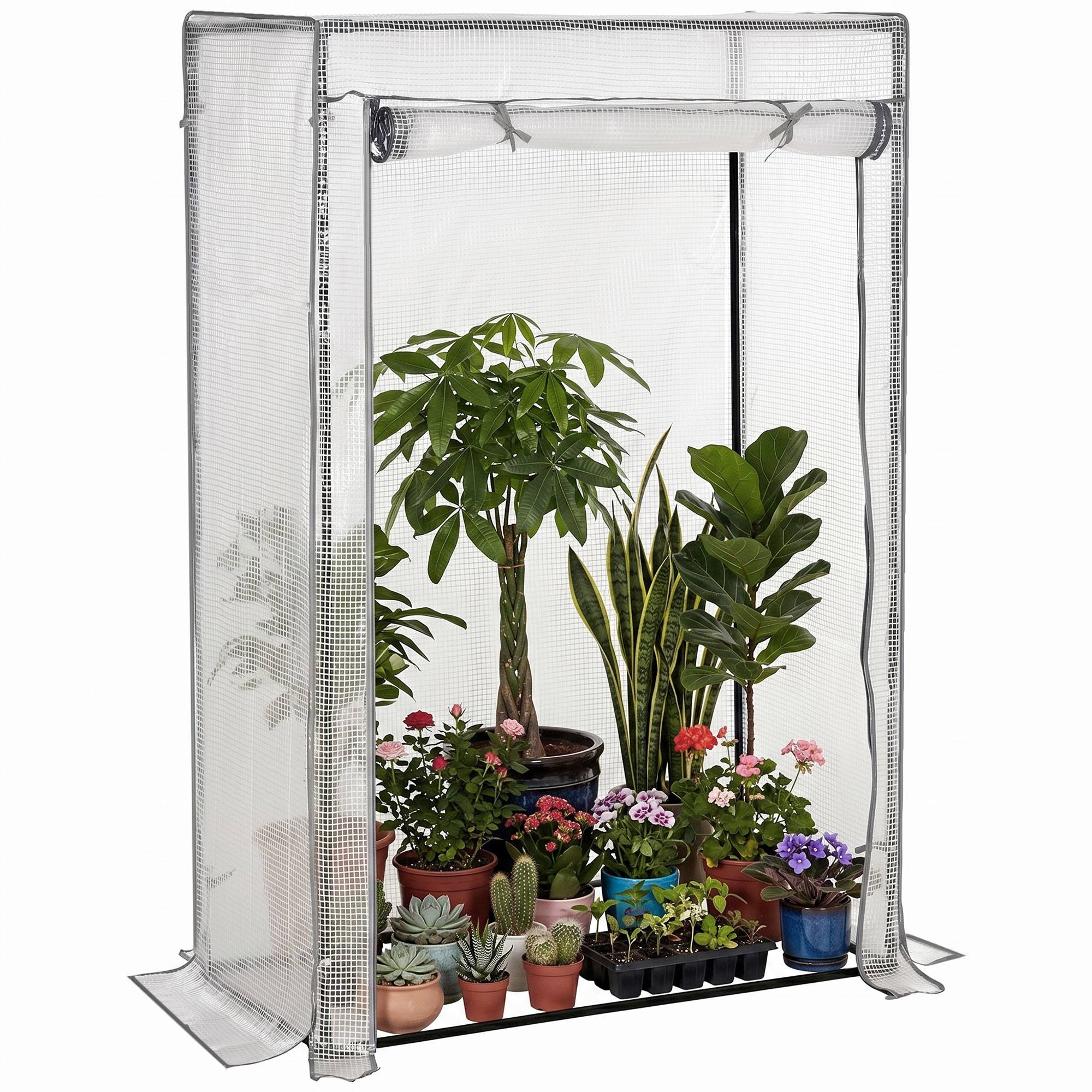 Serre de jardin, serre de balcon, bâche renforcée PE, châssis en acier, porte zippée enroulable, 100 x 50 x 150 cm blanc - Image 1