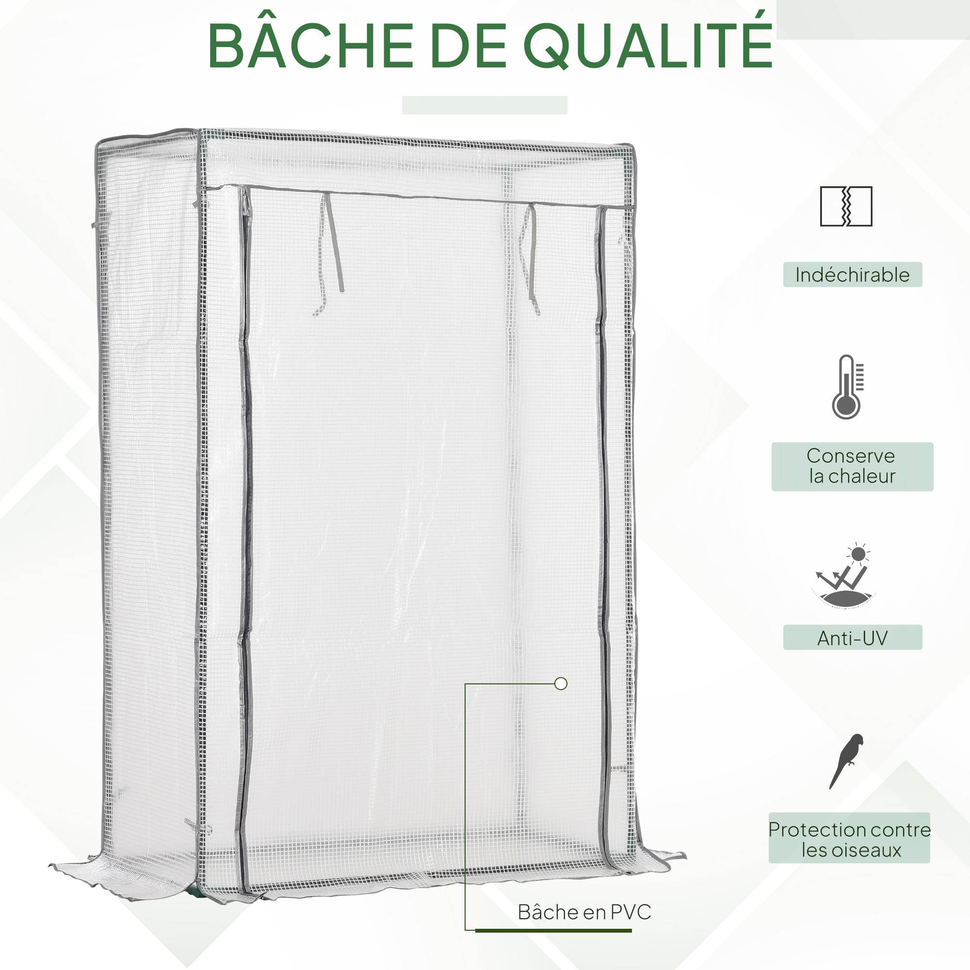 Serre de jardin, serre de balcon, bâche renforcée PE, châssis en acier, porte zippée enroulable, 100 x 50 x 150 cm blanc - Image 7