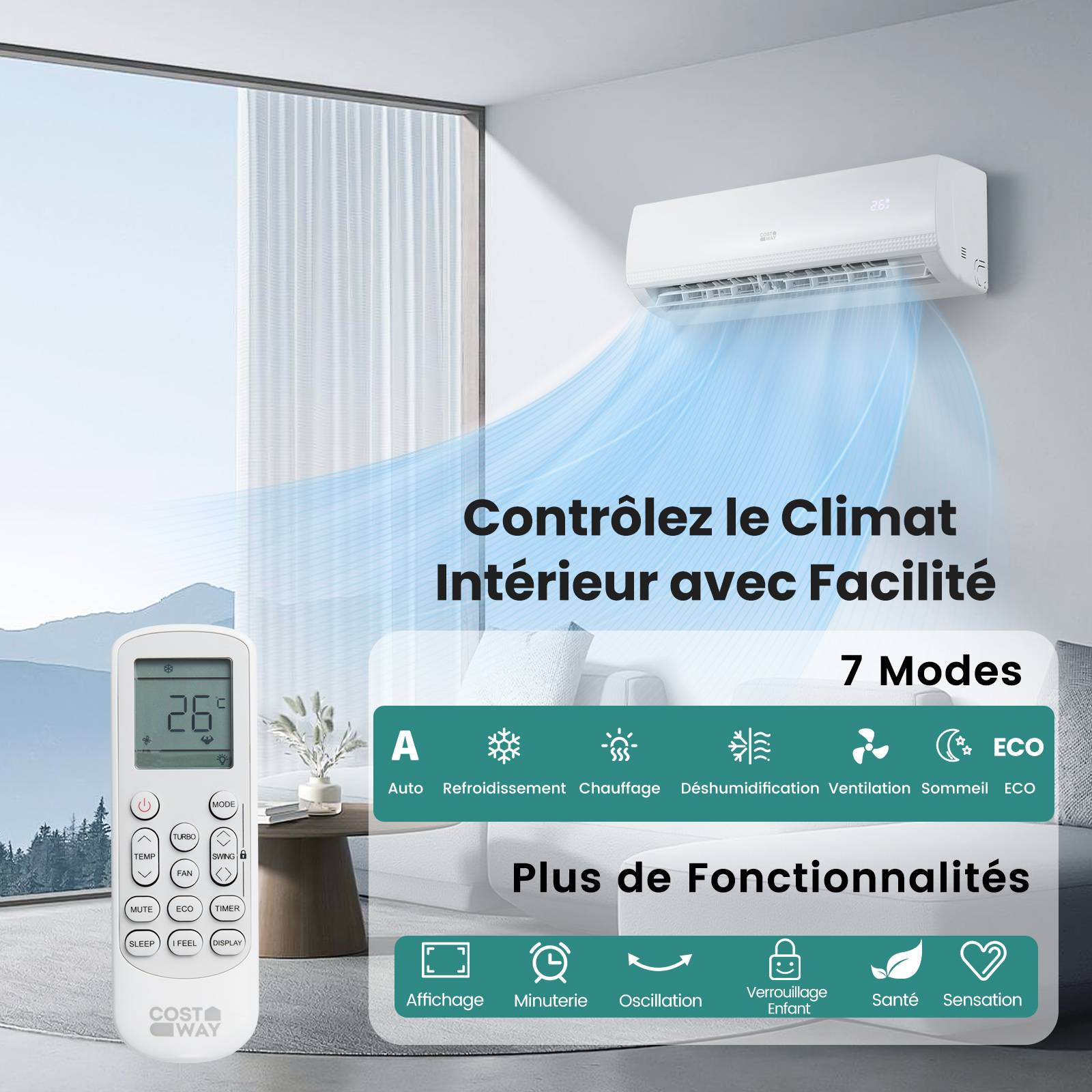 Climatiseur réversible Mono-split 9000BTU-2,6 kW-R32-A++/Minuterie 24H - Image 2