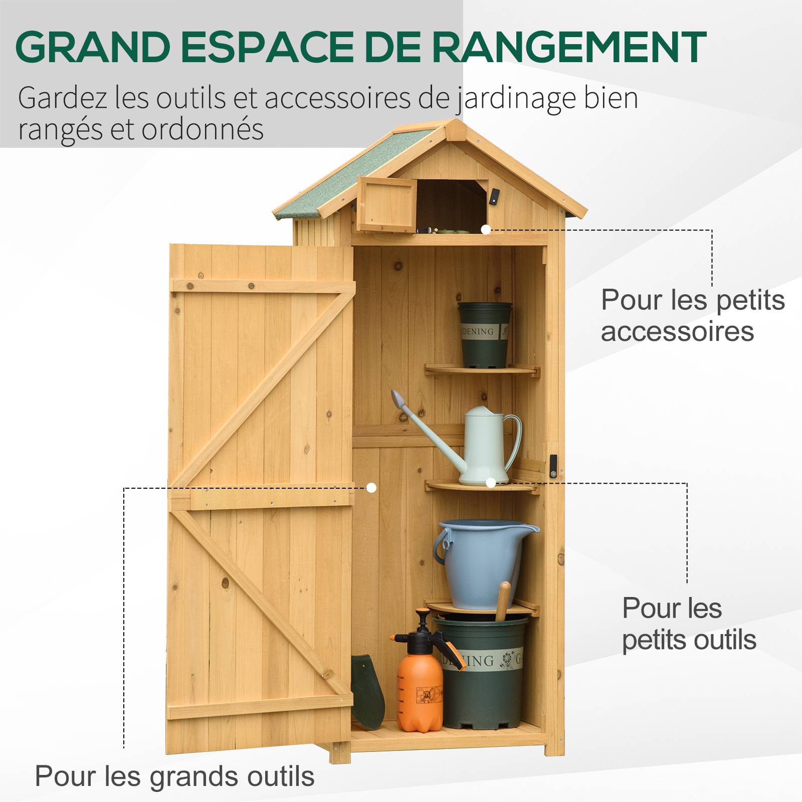 Outsunny - Armoire de jardin extérieur 77x54x179cm 3 étagères 2 portes loquets toit bitumé rangement outils terrasse en bois jaune - Outsunny - Image 4