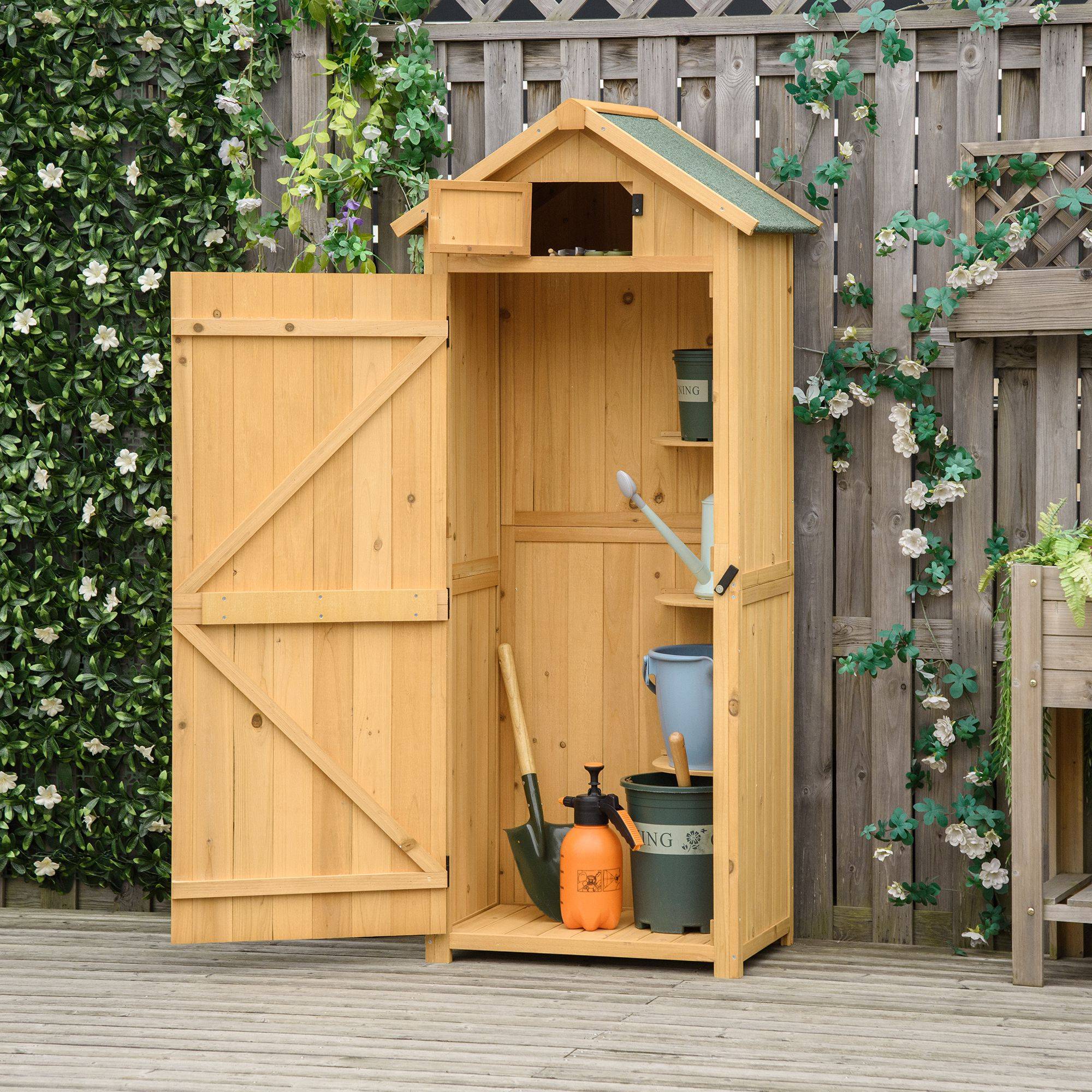 Outsunny - Armoire de jardin extérieur 77x54x179cm 3 étagères 2 portes loquets toit bitumé rangement outils terrasse en bois jaune - Outsunny - Image 7