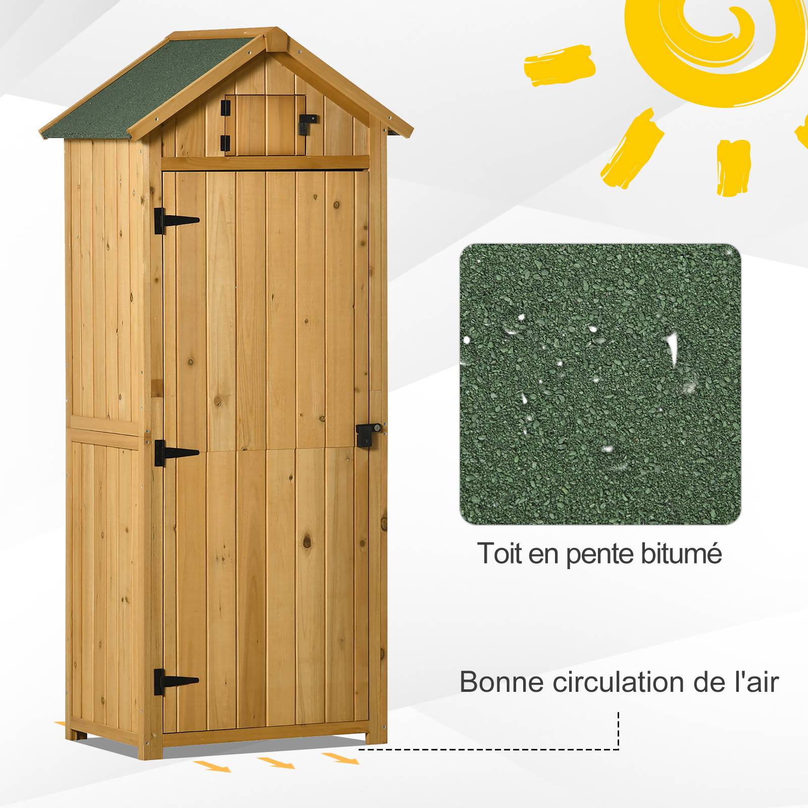 Outsunny - Armoire de jardin extérieur 77x54x179cm 3 étagères 2 portes loquets toit bitumé rangement outils terrasse en bois jaune - Outsunny - Image 5