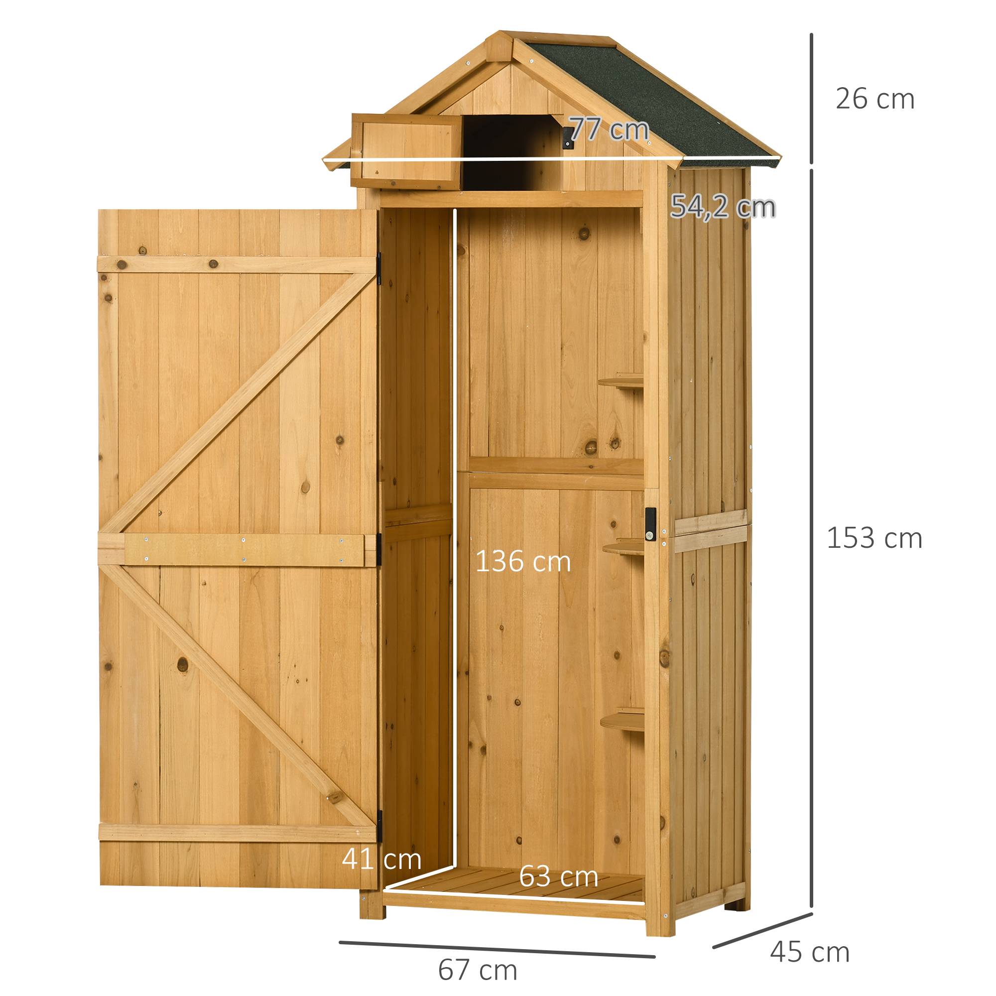 Outsunny - Armoire de jardin extérieur 77x54x179cm 3 étagères 2 portes loquets toit bitumé rangement outils terrasse en bois jaune - Outsunny - Image 3