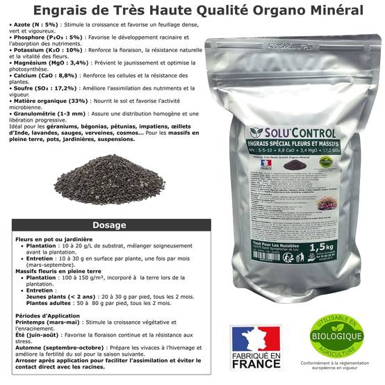 SOLU’CONTROL - 1,5 kg - Engrais Spécial Fleurs et Massifs NPK 5-5-10 - Favorise une floraison abondante, éclatante et durable - UAB - Image 3