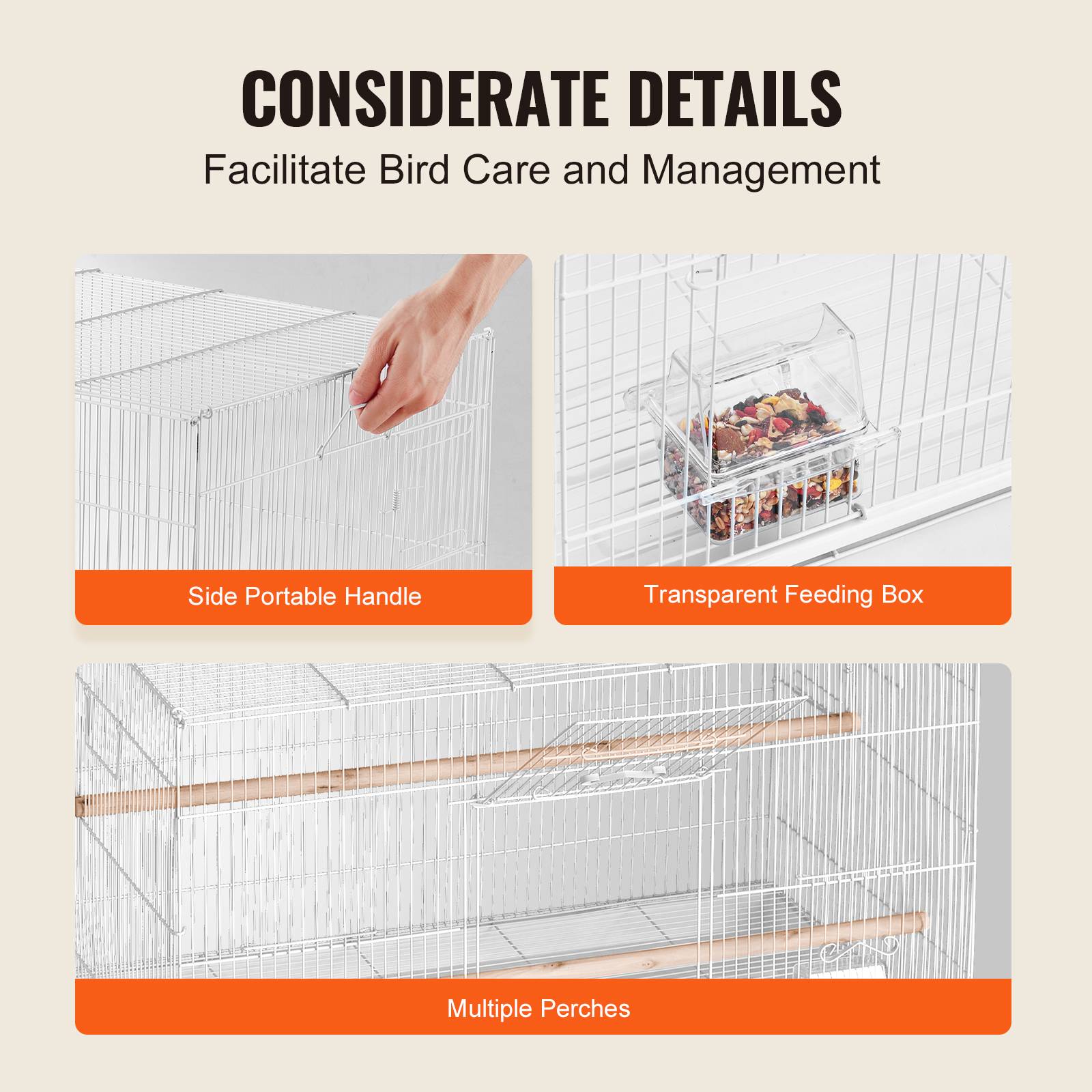 VEVOR Cage oiseau 760x460x455 mm, métal robuste, perchoirs. Voyage, perroquet, canaris, blanc. - Image 6