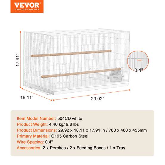 VEVOR Cage oiseau 760x460x455 mm, métal robuste, perchoirs. Voyage, perroquet, canaris, blanc. - Image 7