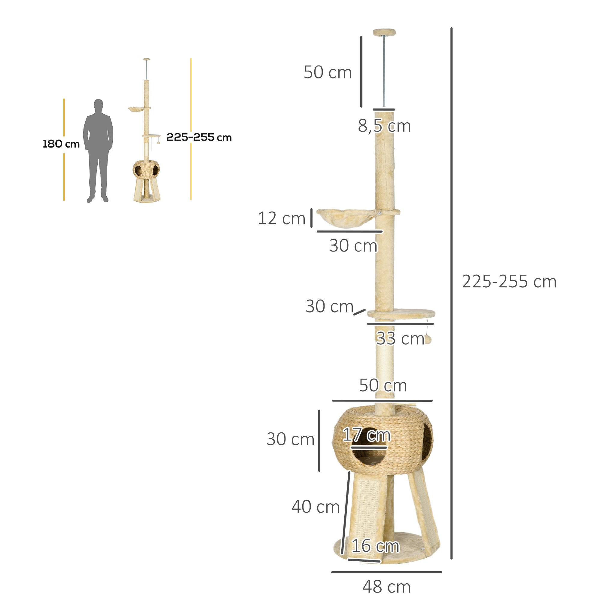 Pawhut - Arbre à chat style cosy naturel réglable H. 225-255 cm - niche, 2 rampes, plateforme, hamac - douce peluche courte beige - Imagen 3