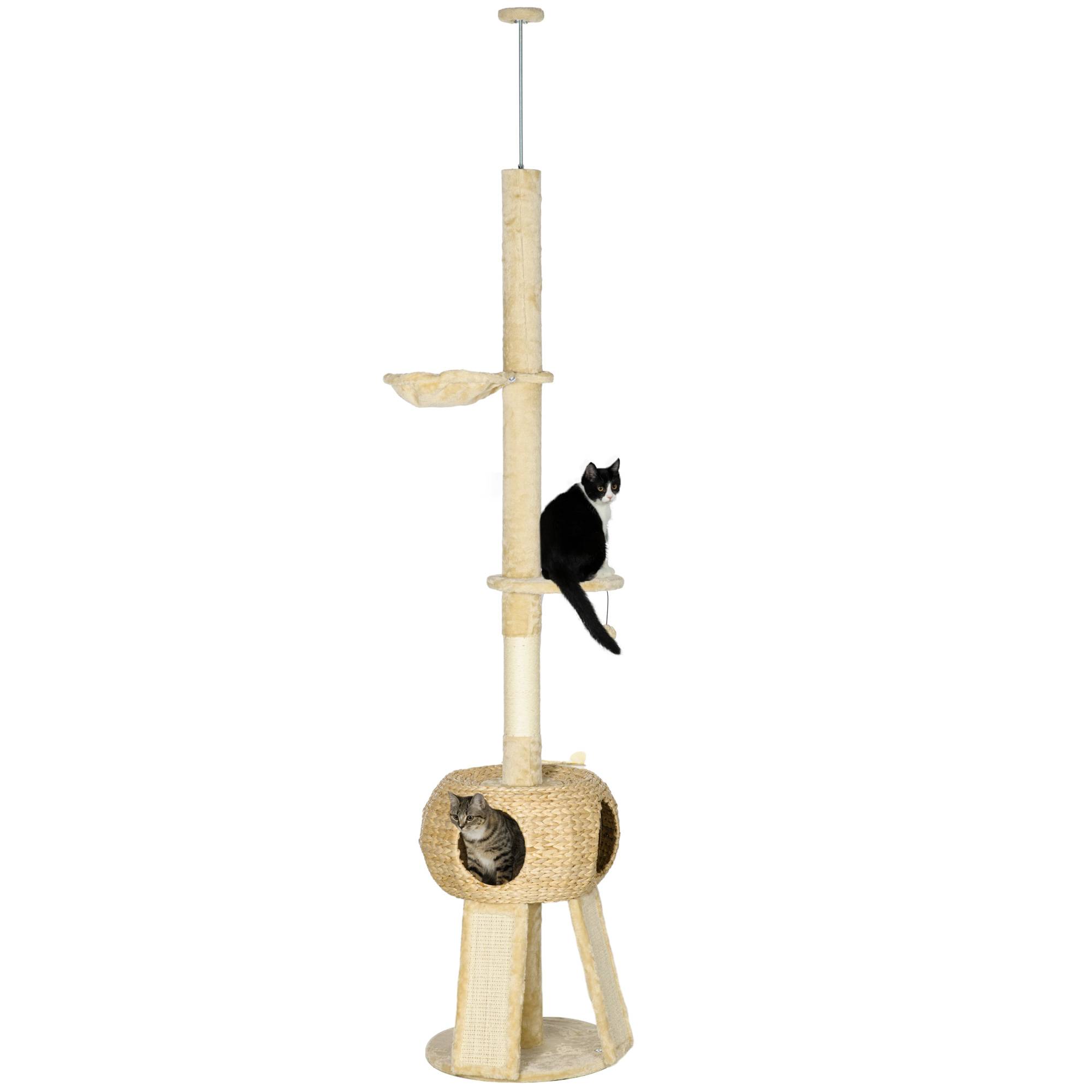 Pawhut - Arbre à chat style cosy naturel réglable H. 225-255 cm - niche, 2 rampes, plateforme, hamac - douce peluche courte beige - Imagen 1