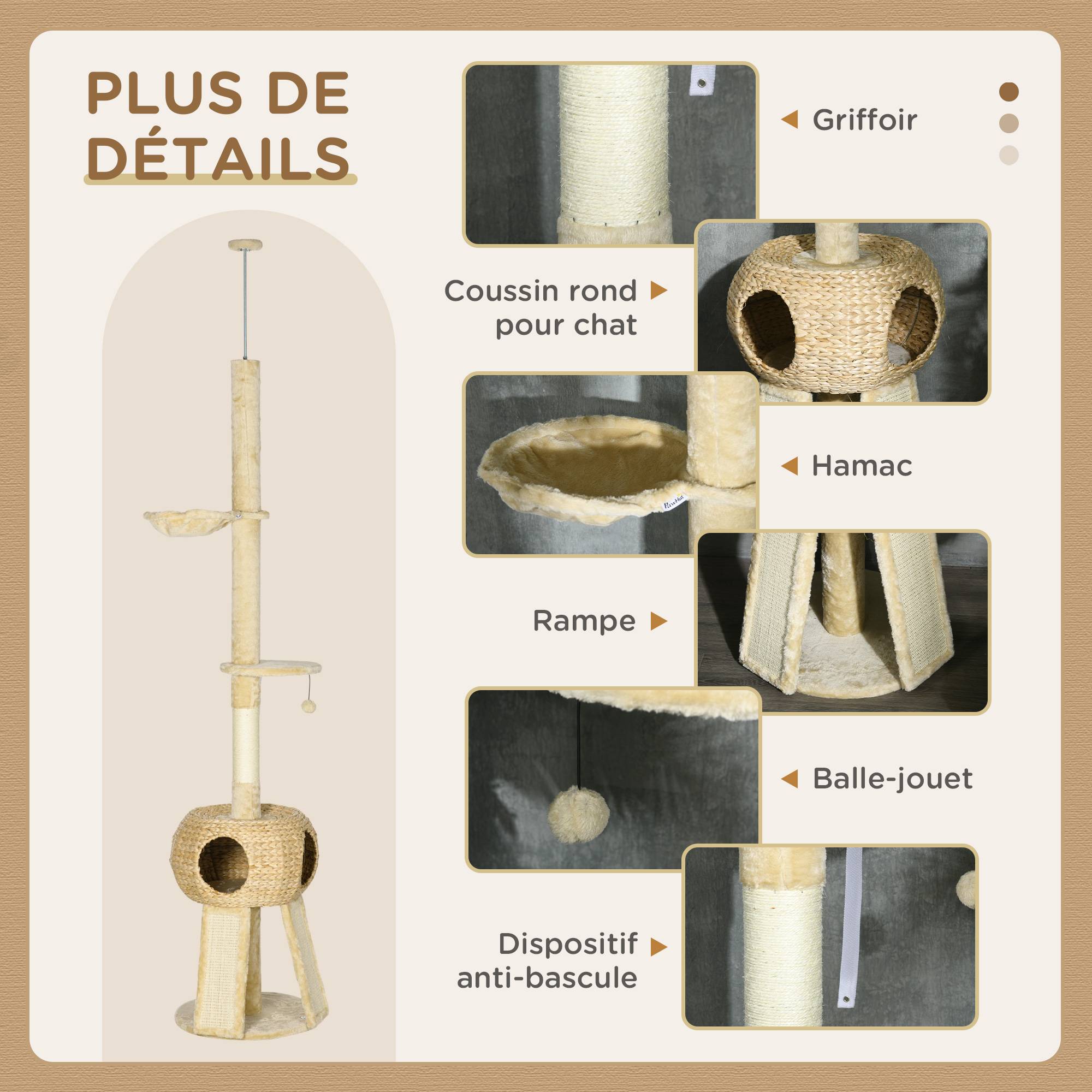 Pawhut - Arbre à chat style cosy naturel réglable H. 225-255 cm - niche, 2 rampes, plateforme, hamac - douce peluche courte beige - Imagen 5