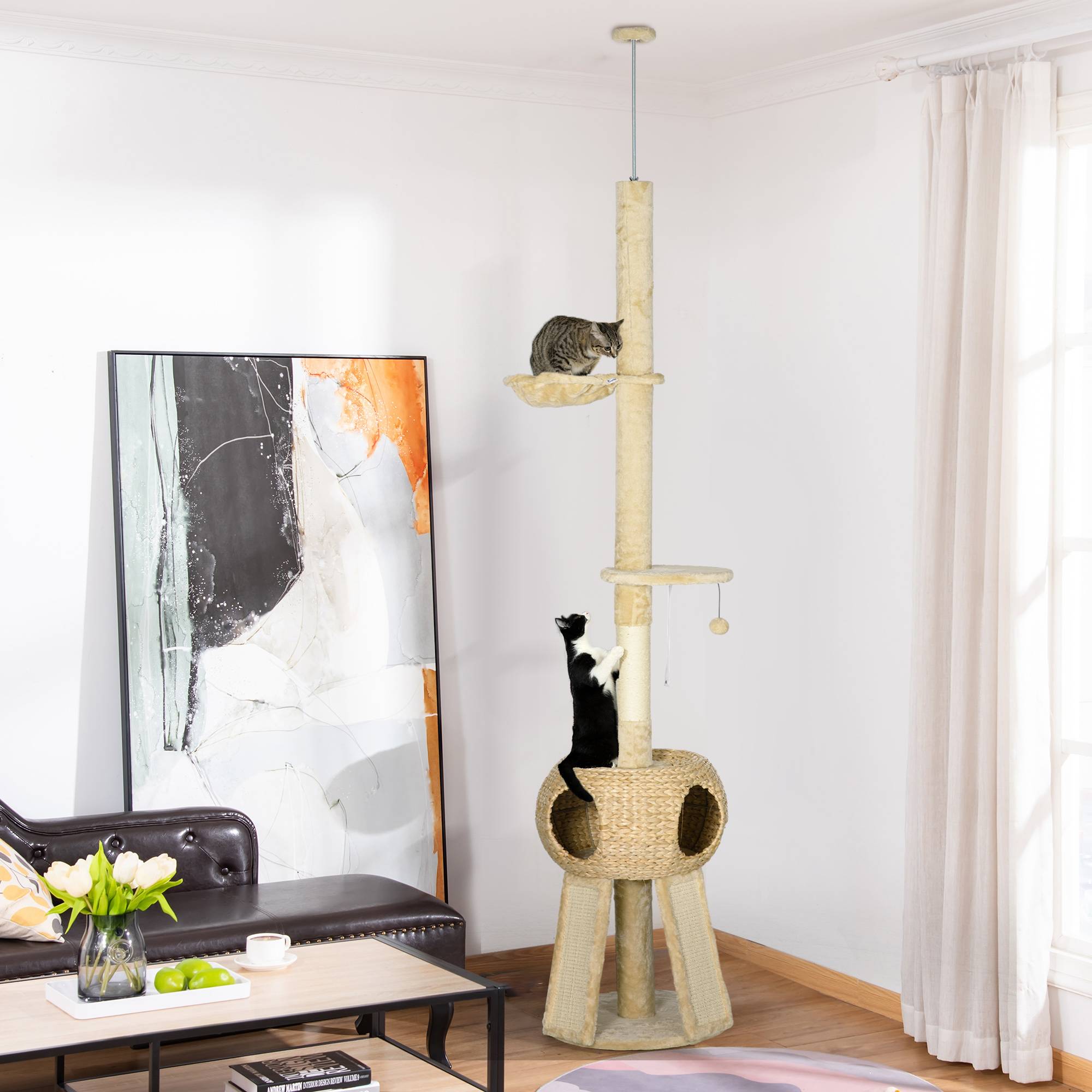 Pawhut - Arbre à chat style cosy naturel réglable H. 225-255 cm - niche, 2 rampes, plateforme, hamac - douce peluche courte beige - Imagen 2