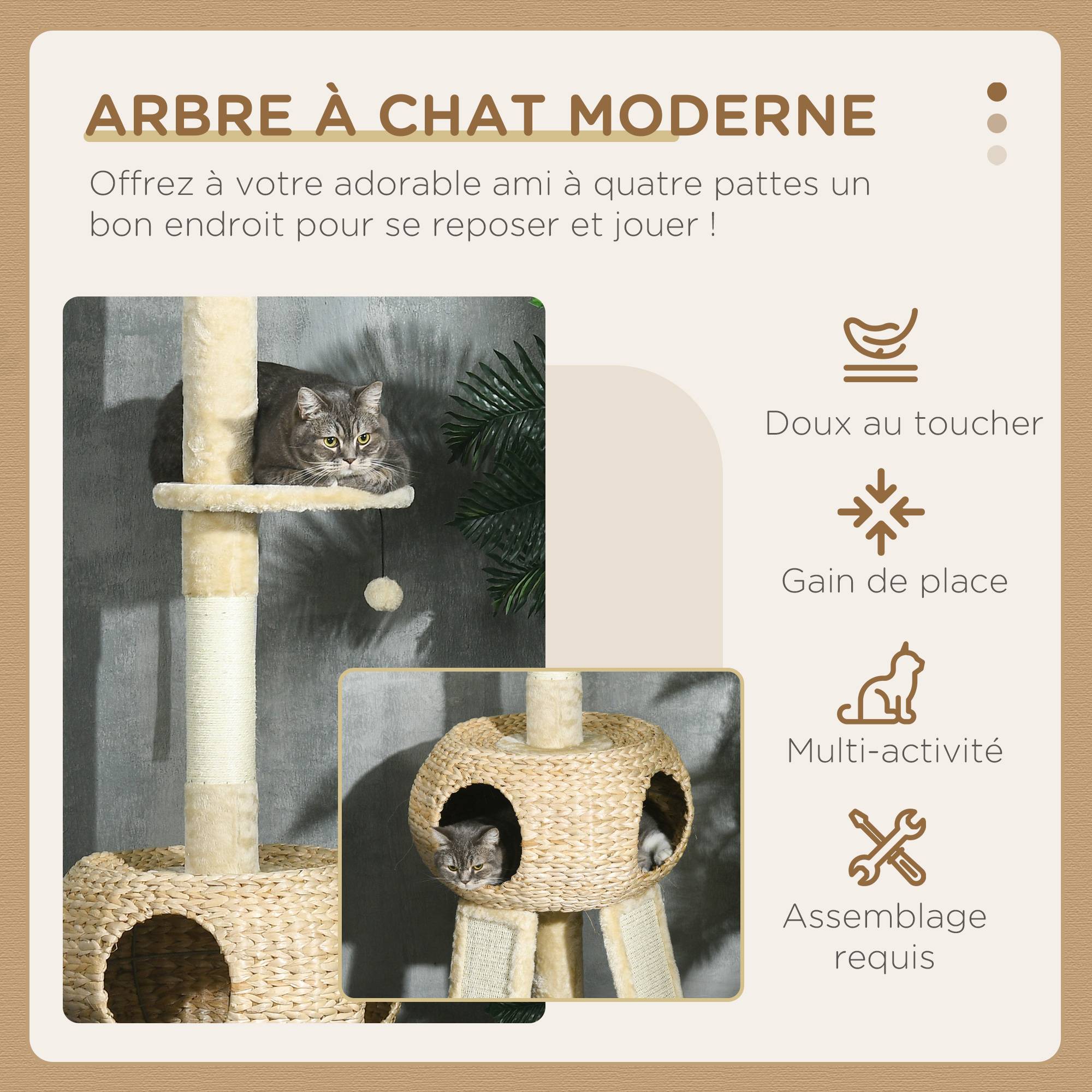 Pawhut - Arbre à chat style cosy naturel réglable H. 225-255 cm - niche, 2 rampes, plateforme, hamac - douce peluche courte beige - Imagen 4