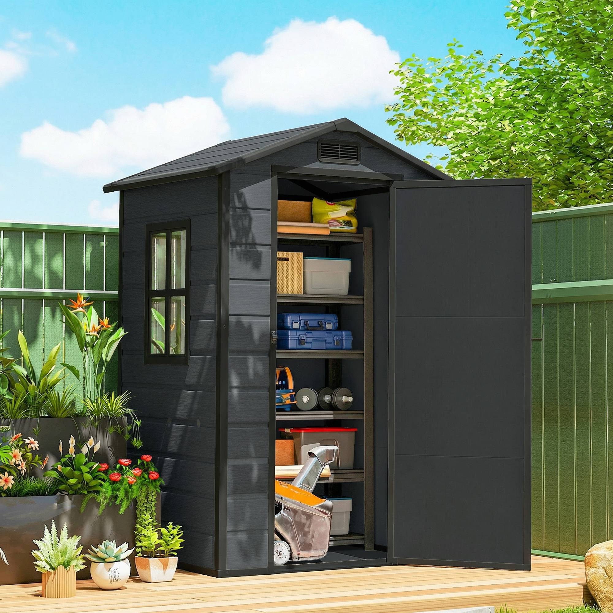 Abri de jardin polypropylène aluminium extérieur rangement outils 128x104x196cm gris - ComfortXL Outdoor Living - Image 3