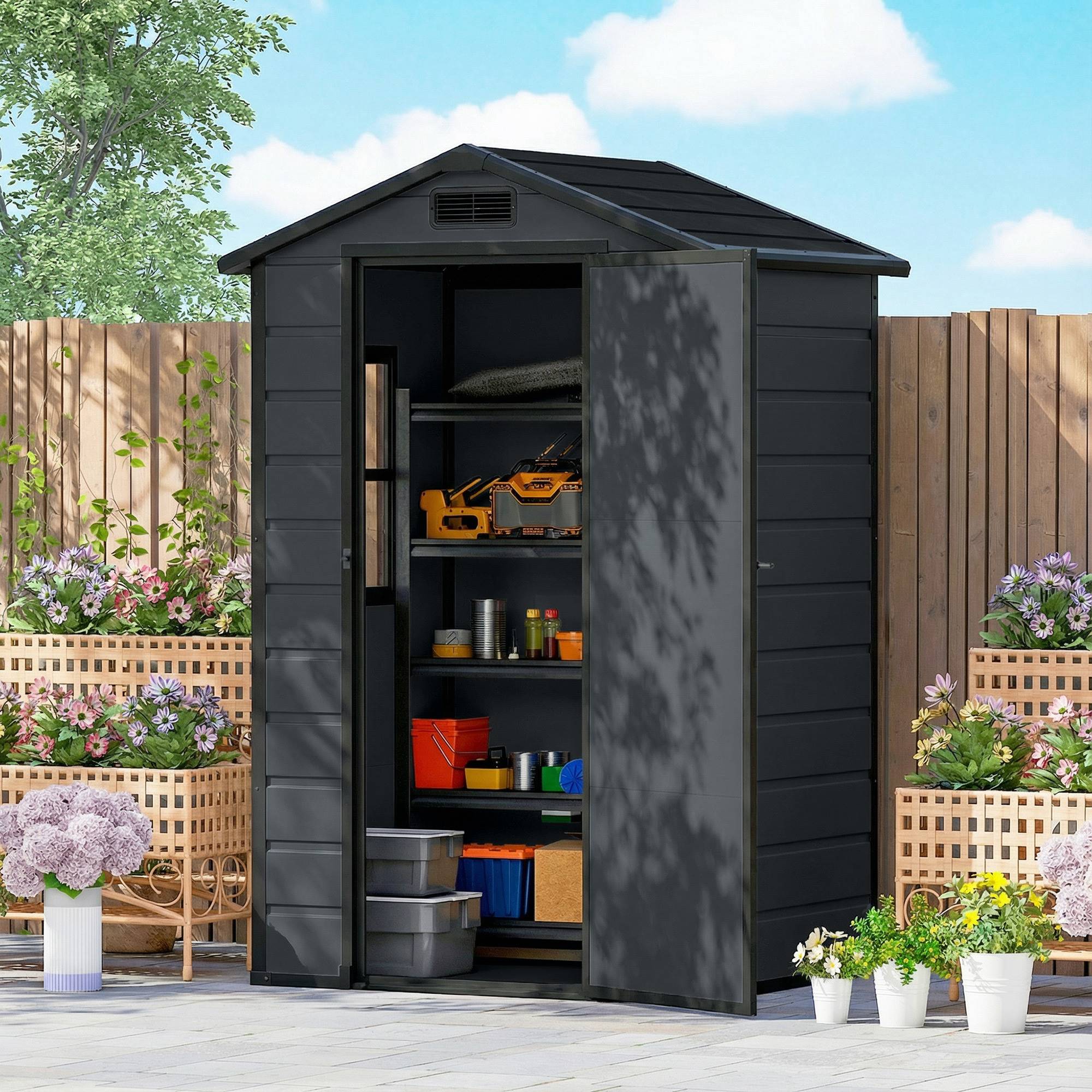 Abri de jardin polypropylène aluminium extérieur rangement outils 128x104x196cm gris - ComfortXL Outdoor Living - Image 4