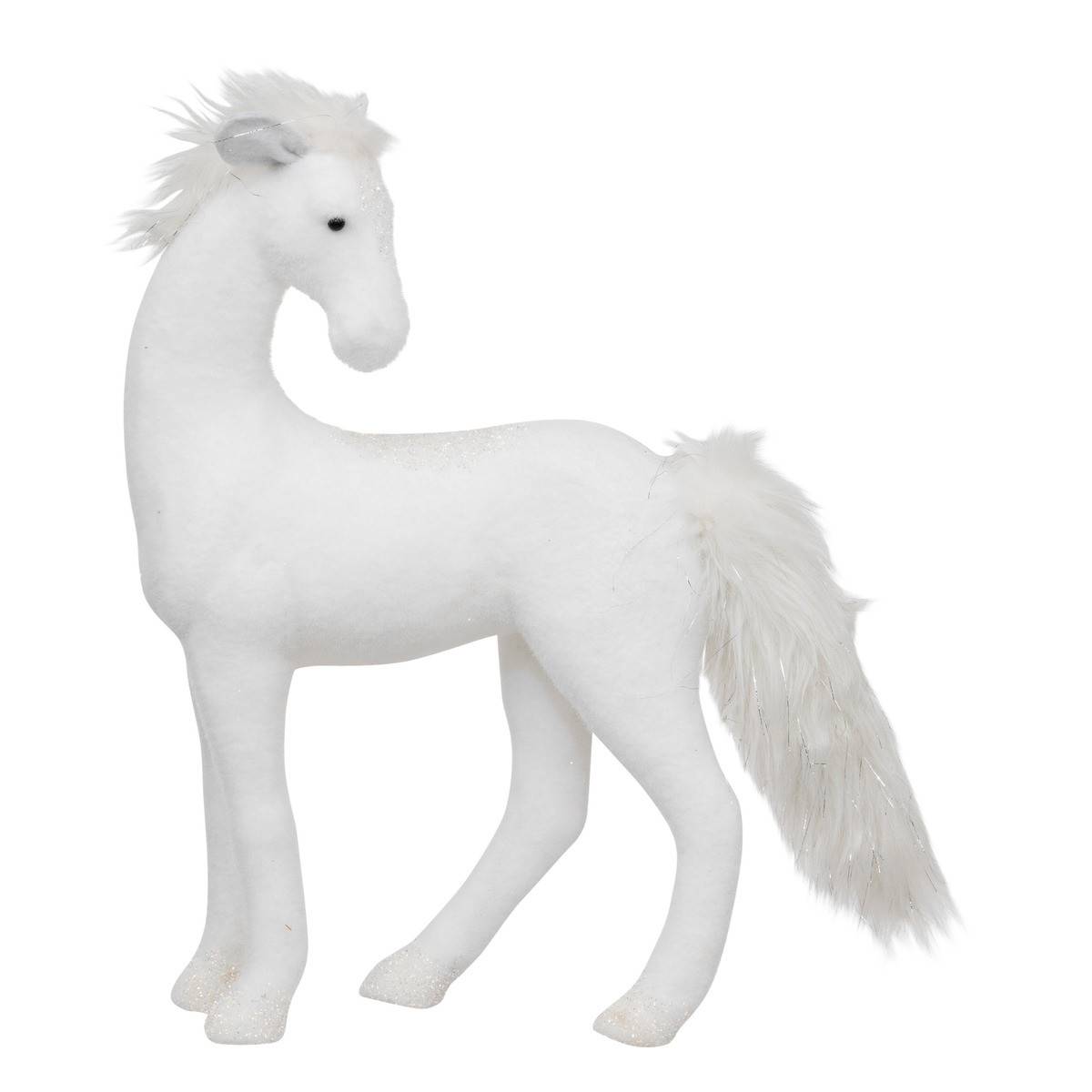 Fééric Lights & Christmas - Déco de Noël Cheval Blanc pailleté  avec fourrure L 45 x H 53 cm