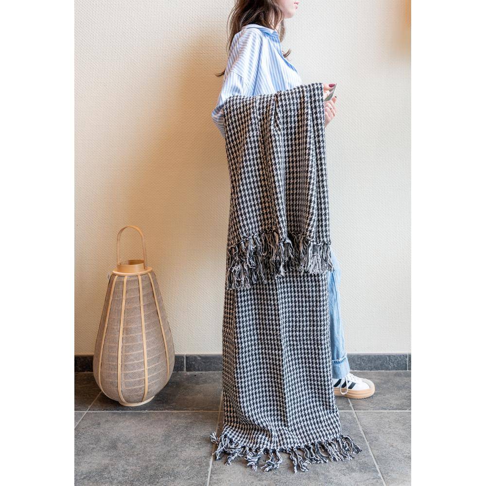 Aubry Gaspard - Plaid en Coton Pied de Poule Noir et Blanc avec Franges - Imagen 2