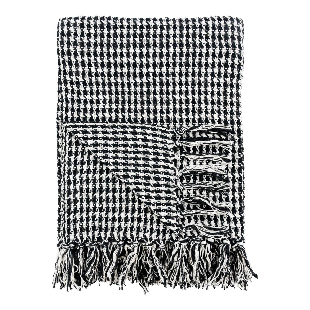 Aubry Gaspard - Plaid en Coton Pied de Poule Noir et Blanc avec Franges - Imagen 1