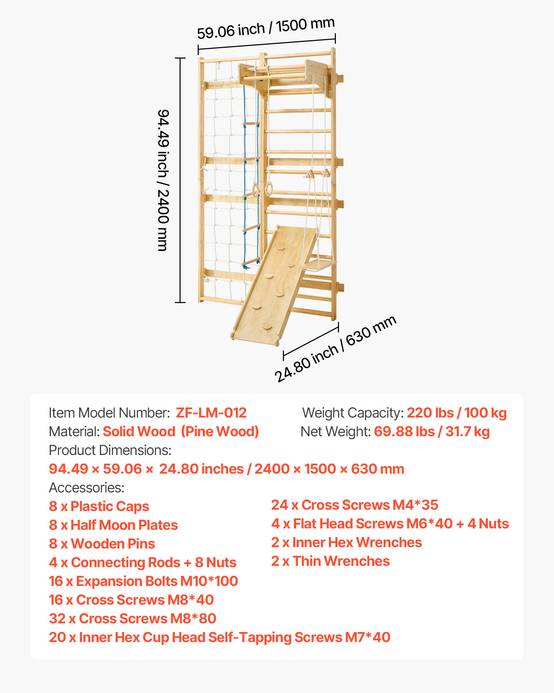 Vevor - VEVOR Échelle suédoise murale 12 niveaux en pin, 8-en-1 avec anneaux, barre, balançoire et toboggan, charge 100 kg - Image 6