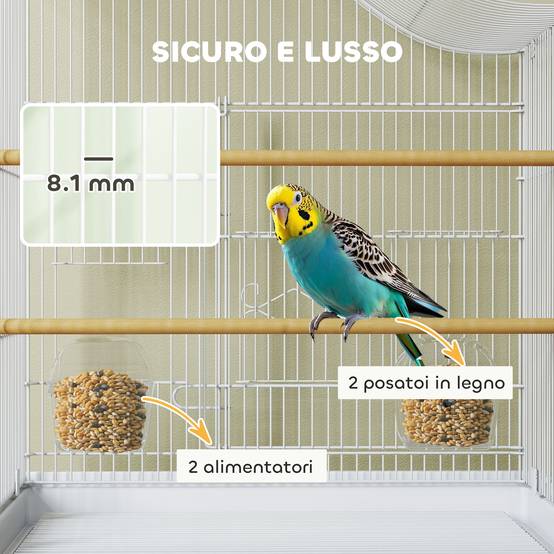 Cage pour oiseaux à 4 portes avec 2 mangeoires, 2 perchoirs et bac, en métal et plastique, 47,5x36x54,5 cm, blanc - Image 6