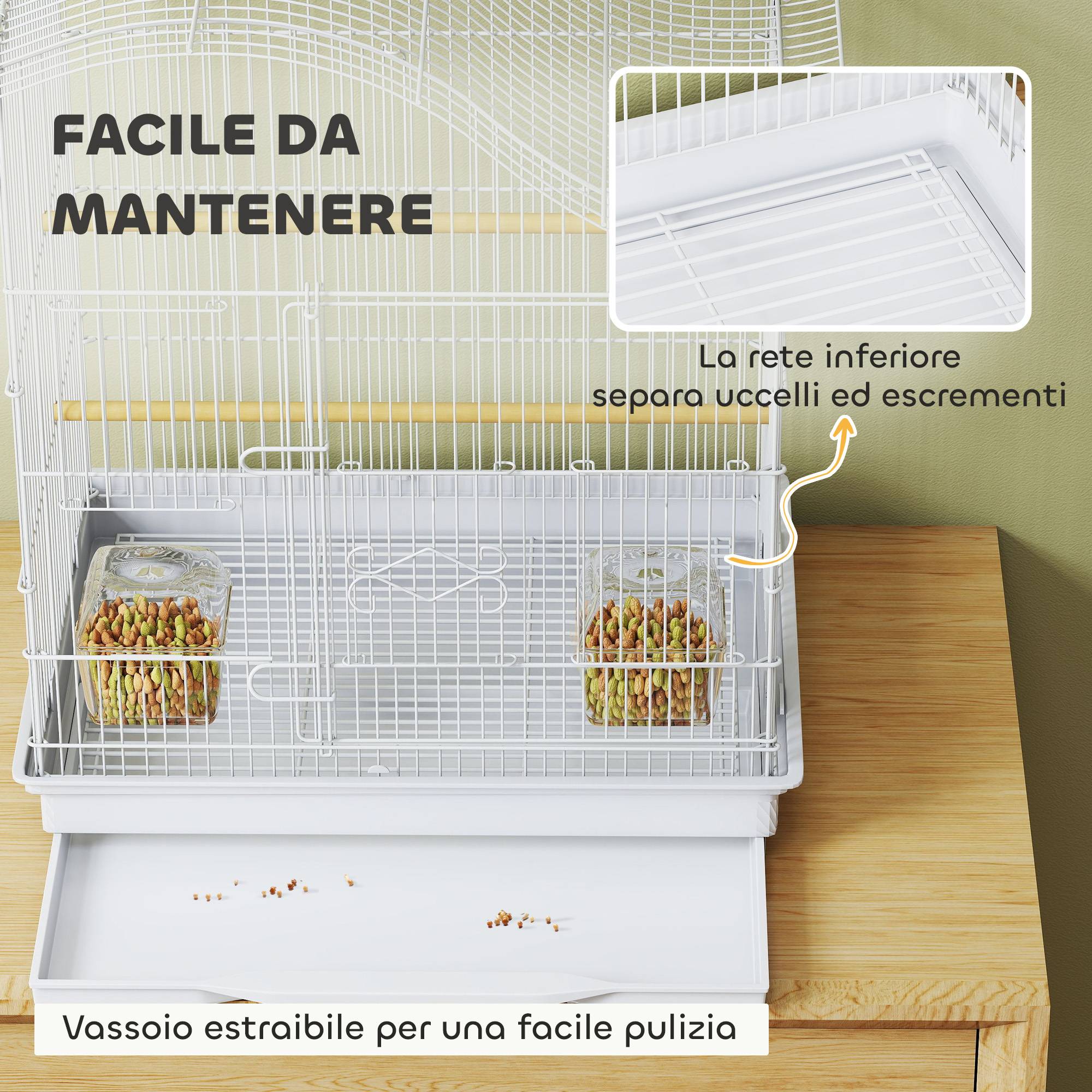 Cage pour oiseaux à 4 portes avec 2 mangeoires, 2 perchoirs et bac, en métal et plastique, 47,5x36x54,5 cm, blanc - Image 8