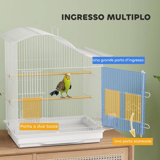Cage pour oiseaux à 4 portes avec 2 mangeoires, 2 perchoirs et bac, en métal et plastique, 47,5x36x54,5 cm, blanc - Image 7