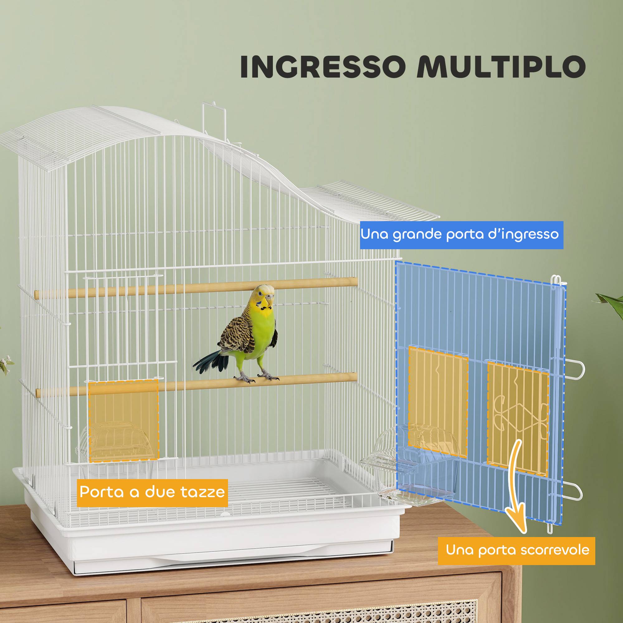 Cage pour oiseaux à 4 portes avec 2 mangeoires, 2 perchoirs et bac, en métal et plastique, 47,5x36x54,5 cm, blanc - Image 7