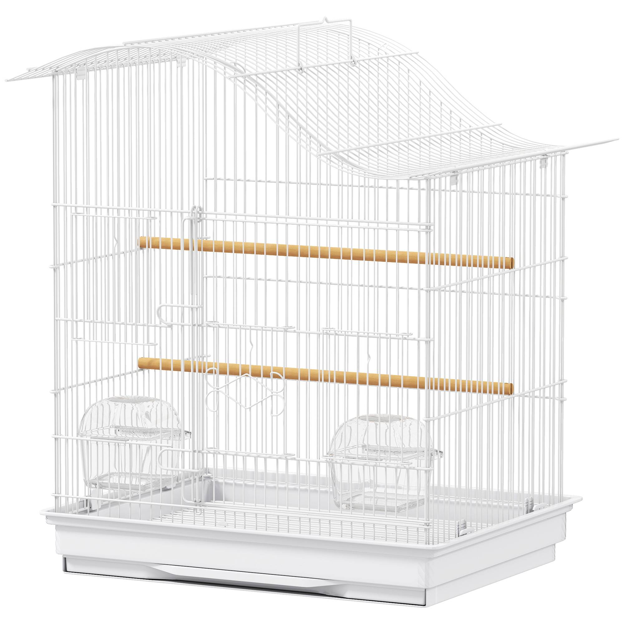 Cage pour oiseaux à 4 portes avec 2 mangeoires, 2 perchoirs et bac, en métal et plastique, 47,5x36x54,5 cm, blanc - Image 2