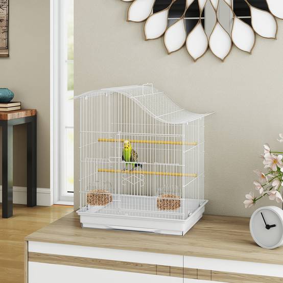 Cage pour oiseaux à 4 portes avec 2 mangeoires, 2 perchoirs et bac, en métal et plastique, 47,5x36x54,5 cm, blanc - Image 4